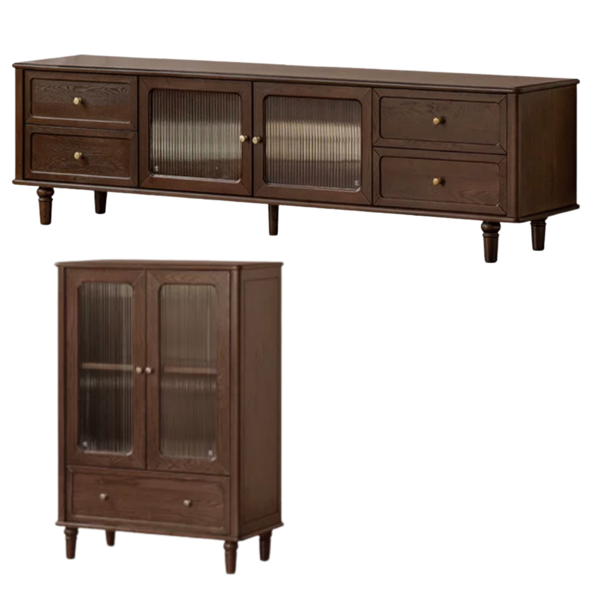 Ash Solid Wood Vintage TV Console with Fluted Glass Doors