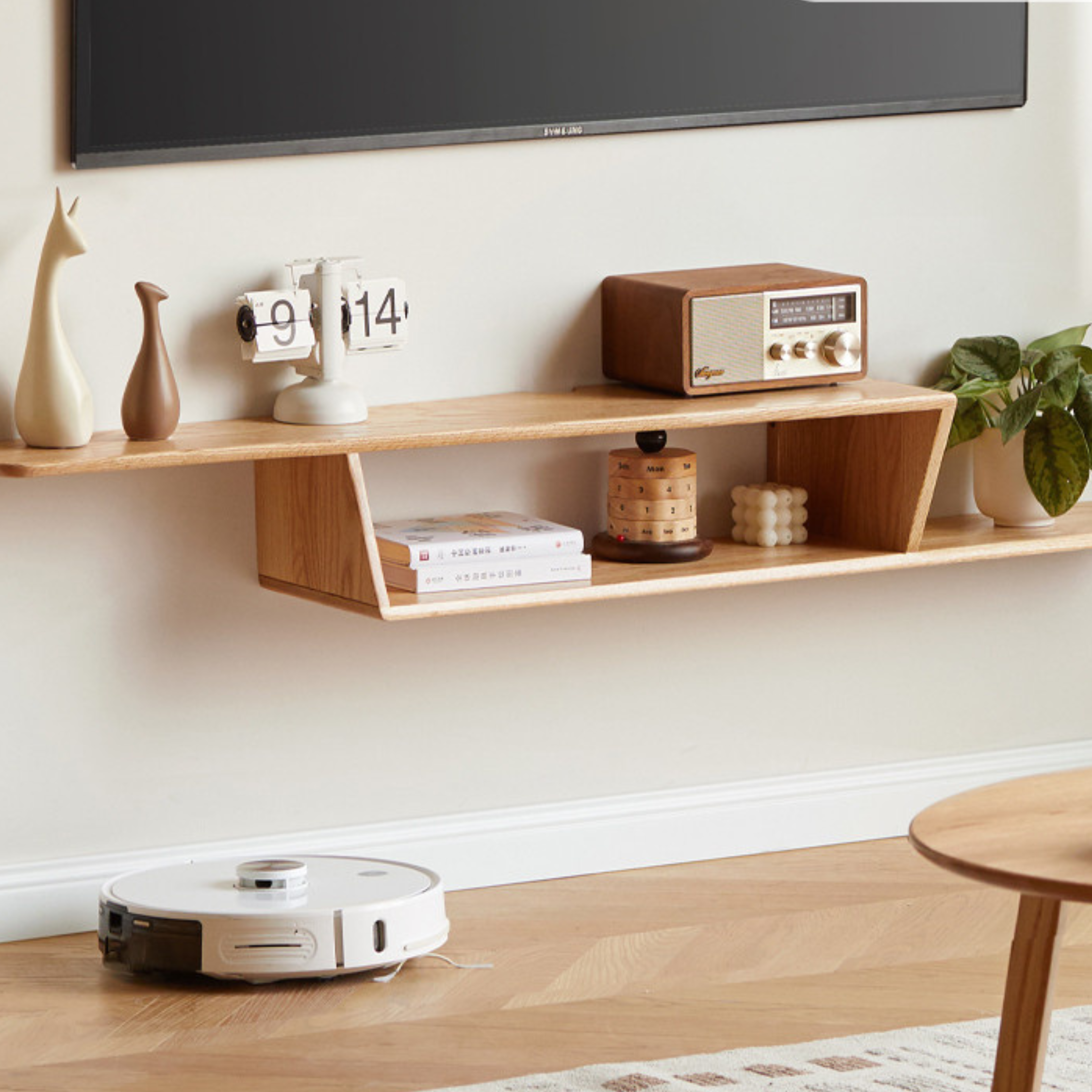 Beech, Rubber Solid Wood Hanging Narrow TV Cabinet, Wall Hanging Shelf.