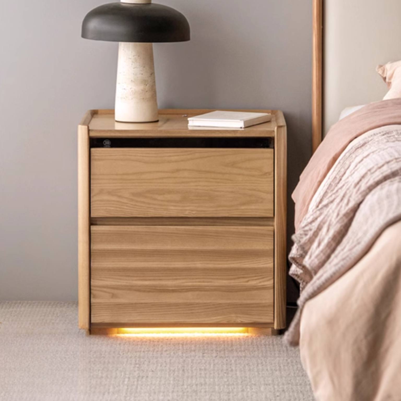 Ash Solid Wood Modern Lighted Nightstand.