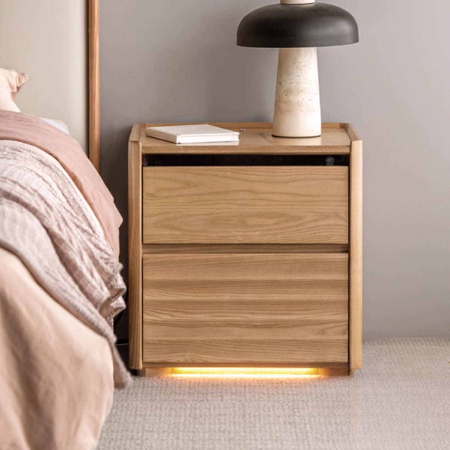 Ash Solid Wood Modern Lighted Nightstand.