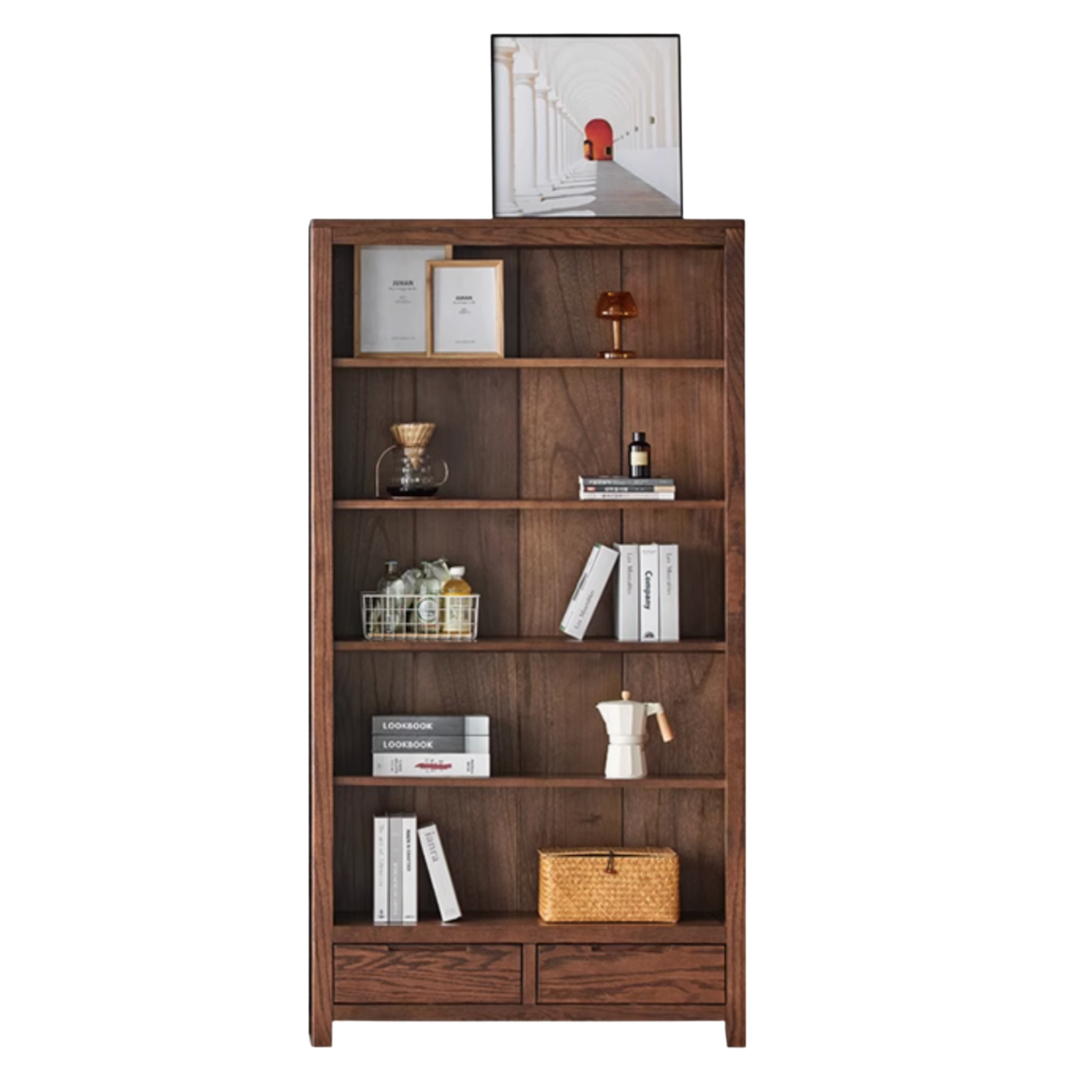 Oak, Rubberwood Solid Wood Drawer Bookcase