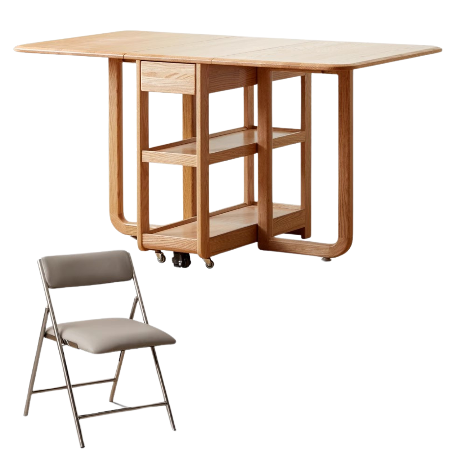 Oak Solid Wood Folding Multi-Functional Storage Telescopic Dining Table