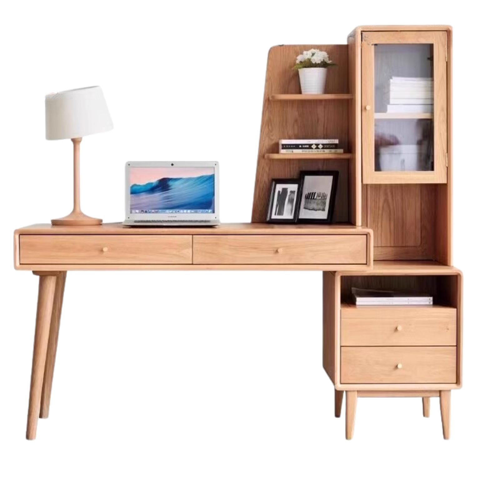 Oak Solid Wood Bookshelf and Office Desk Combination