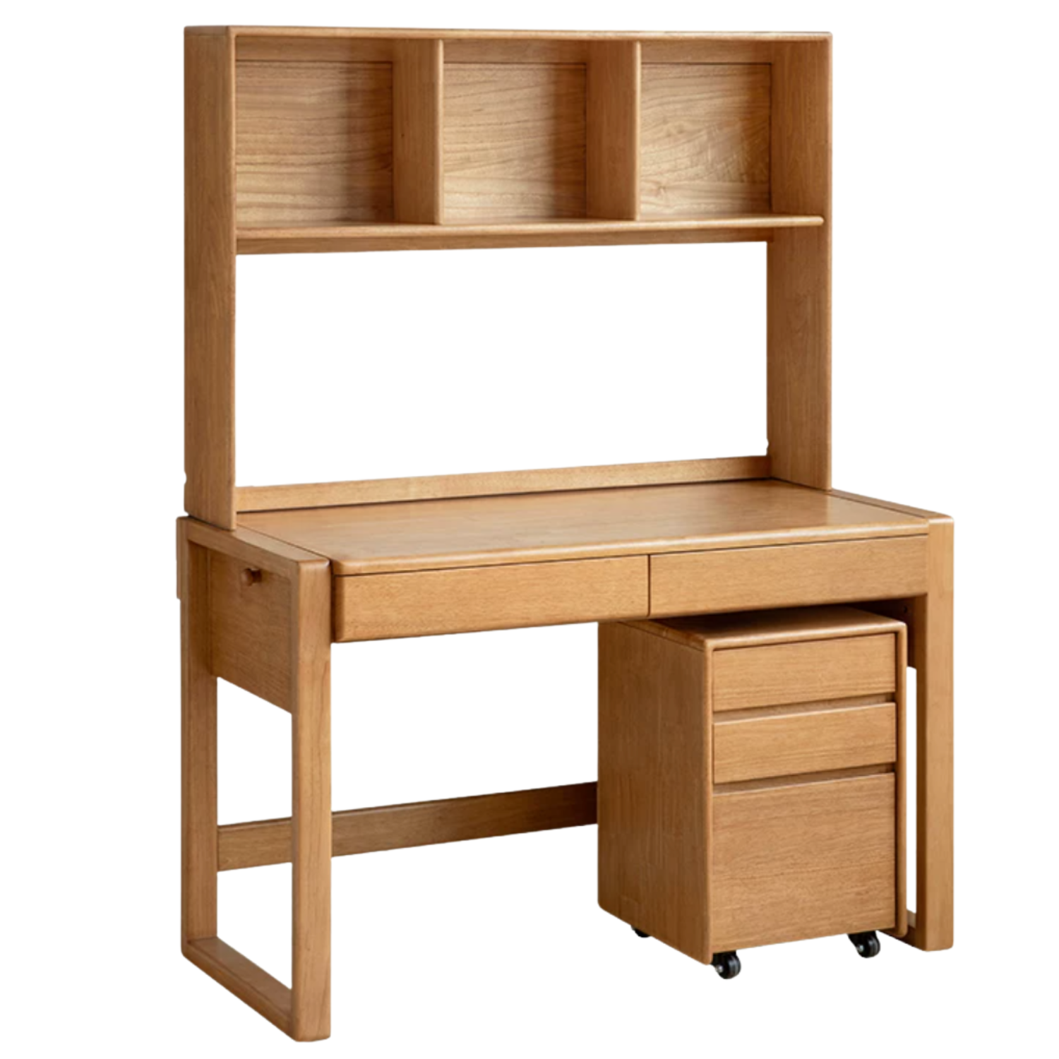 Beech, Solid Rubberwood Adjustable Height Children's Study Desk With Integrated Bookshelf