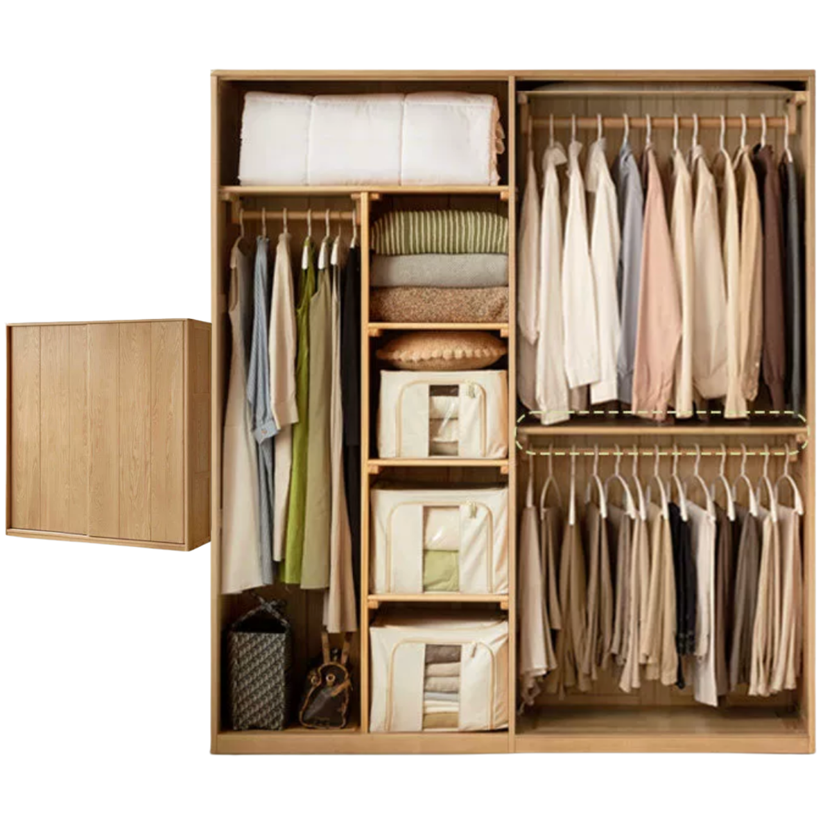 Ash Solid Wood Sliding Door Wardrobe with Built-In Shelves and Drawers