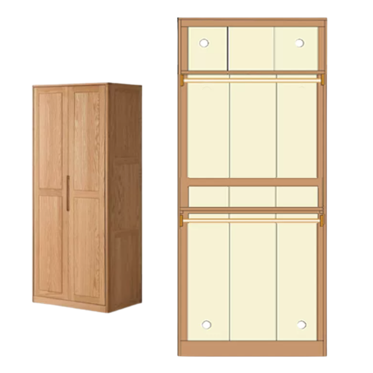 Oak Solid Wood narrow Wardrobe with Framed Panel Doors and Adjustable Layout