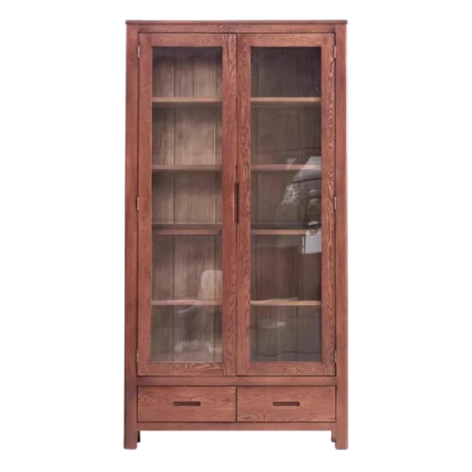Oak, Solid Rubberwood Modern Bookcase with Glass Door Display Cabinet