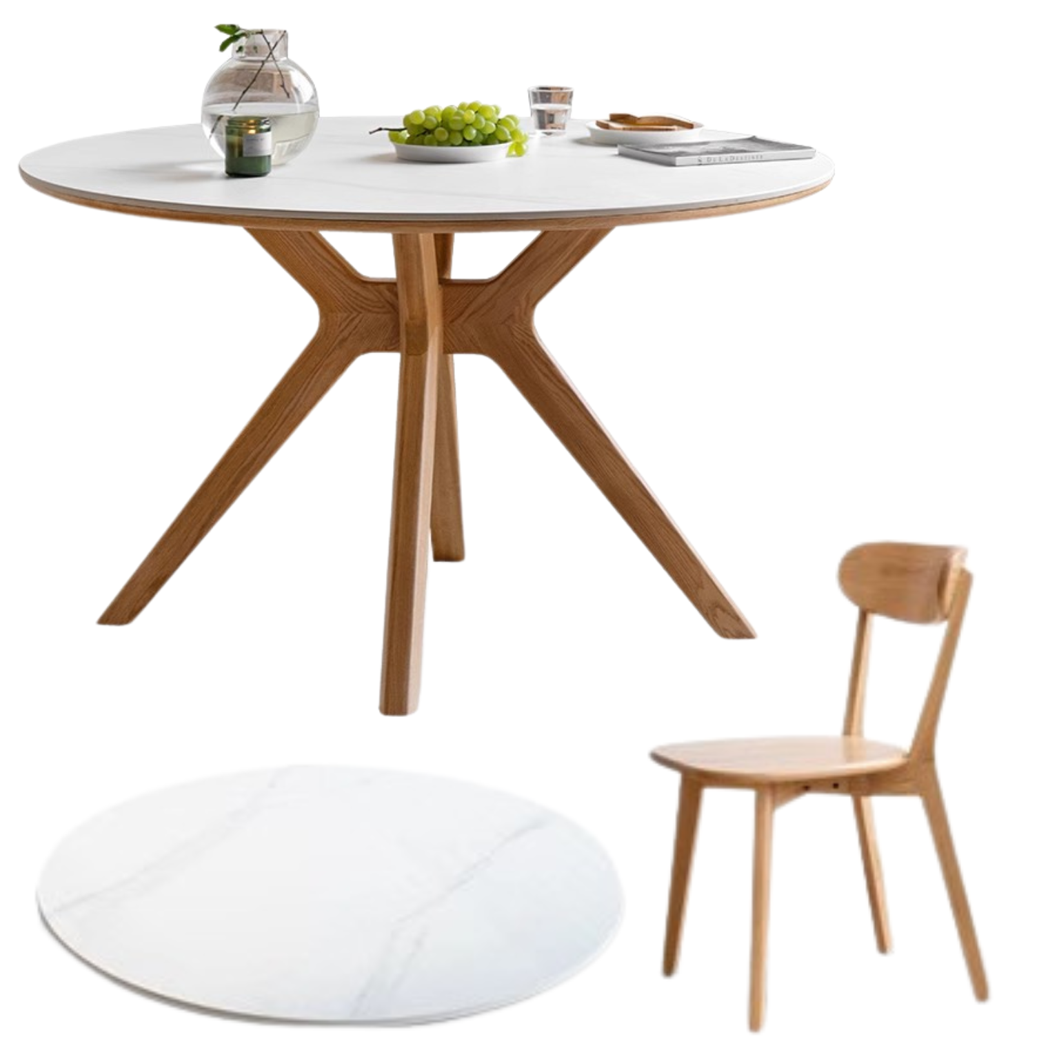 Oak Solid Wood Round Nordic Dining Table With Rock Slab Surface
