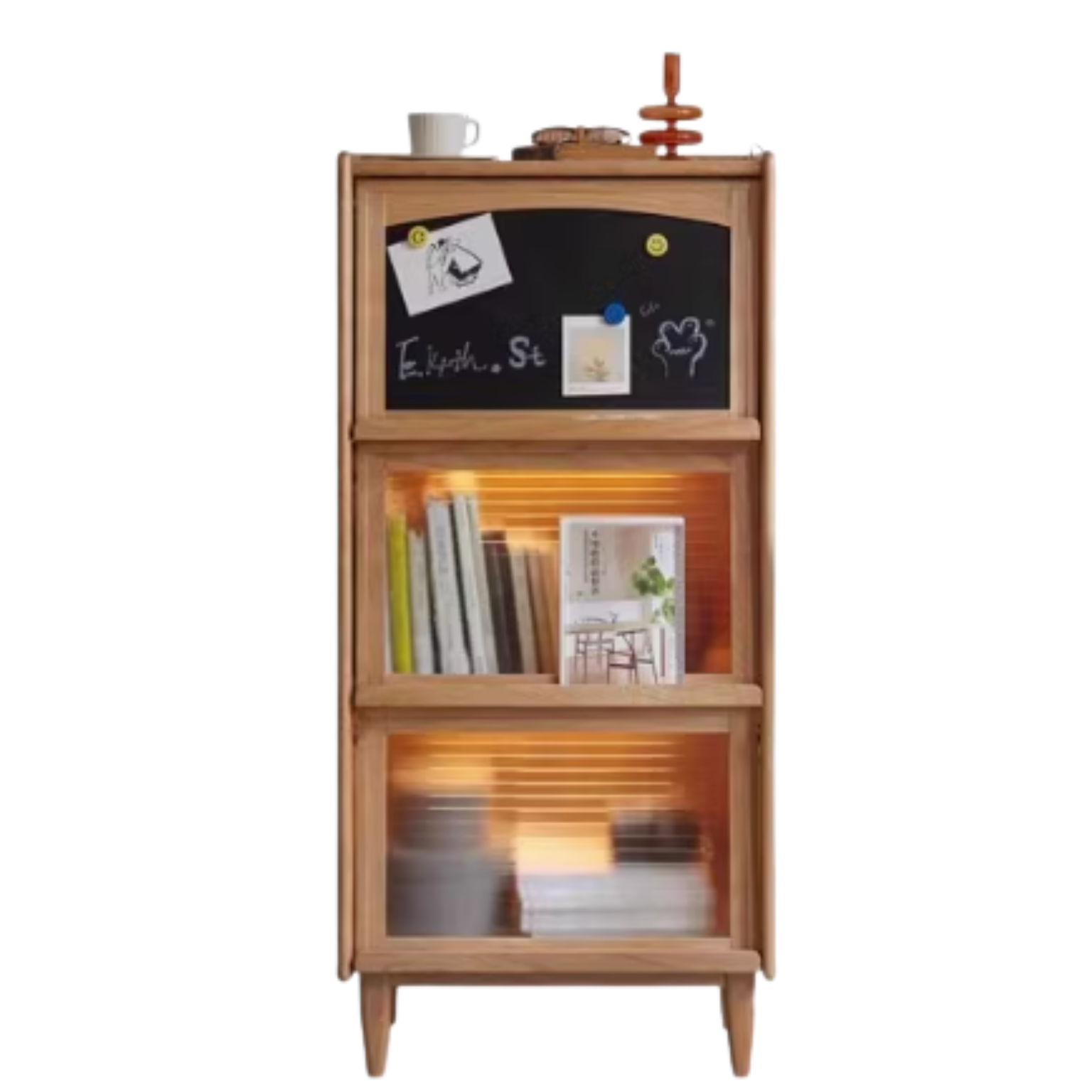 Cherry, Oak Solid Wood Flip Door Magazine Cabinet LED light -