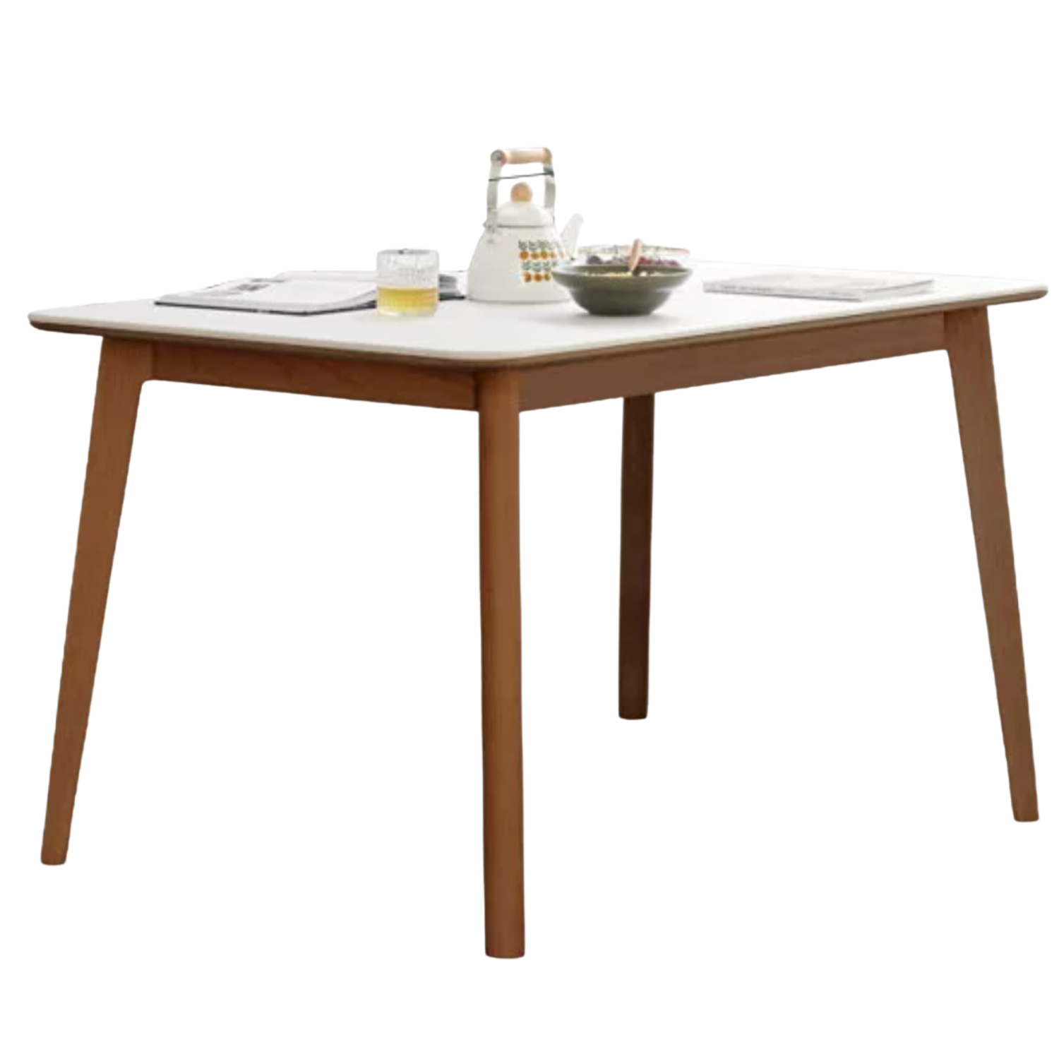 Beech, Rubberwood Solid Wood Dining Table With Rock Slab Surface
