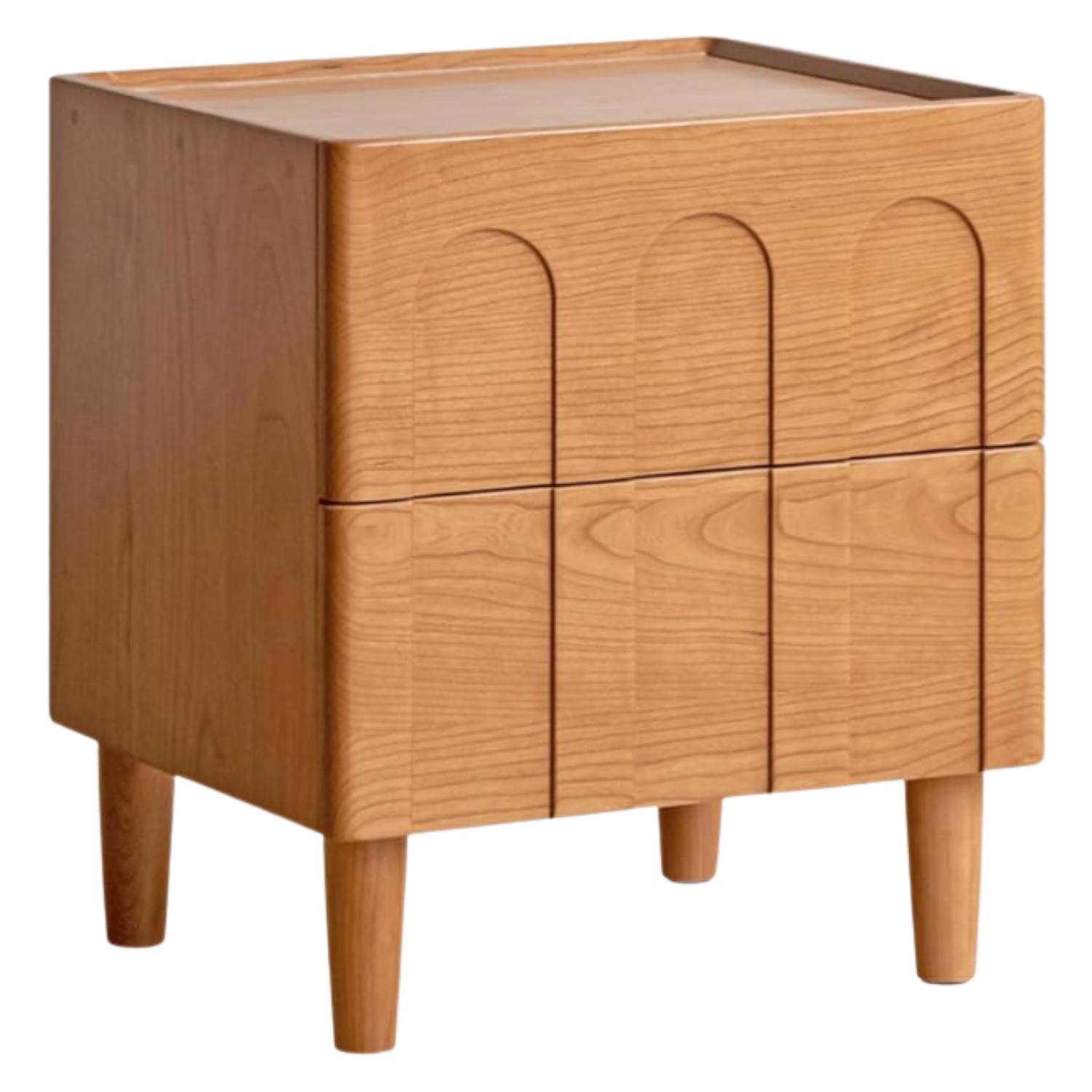 Black Walnut, Cherry Solid Wood Nightstand with Arched Panel Relief Design, Two Drawers