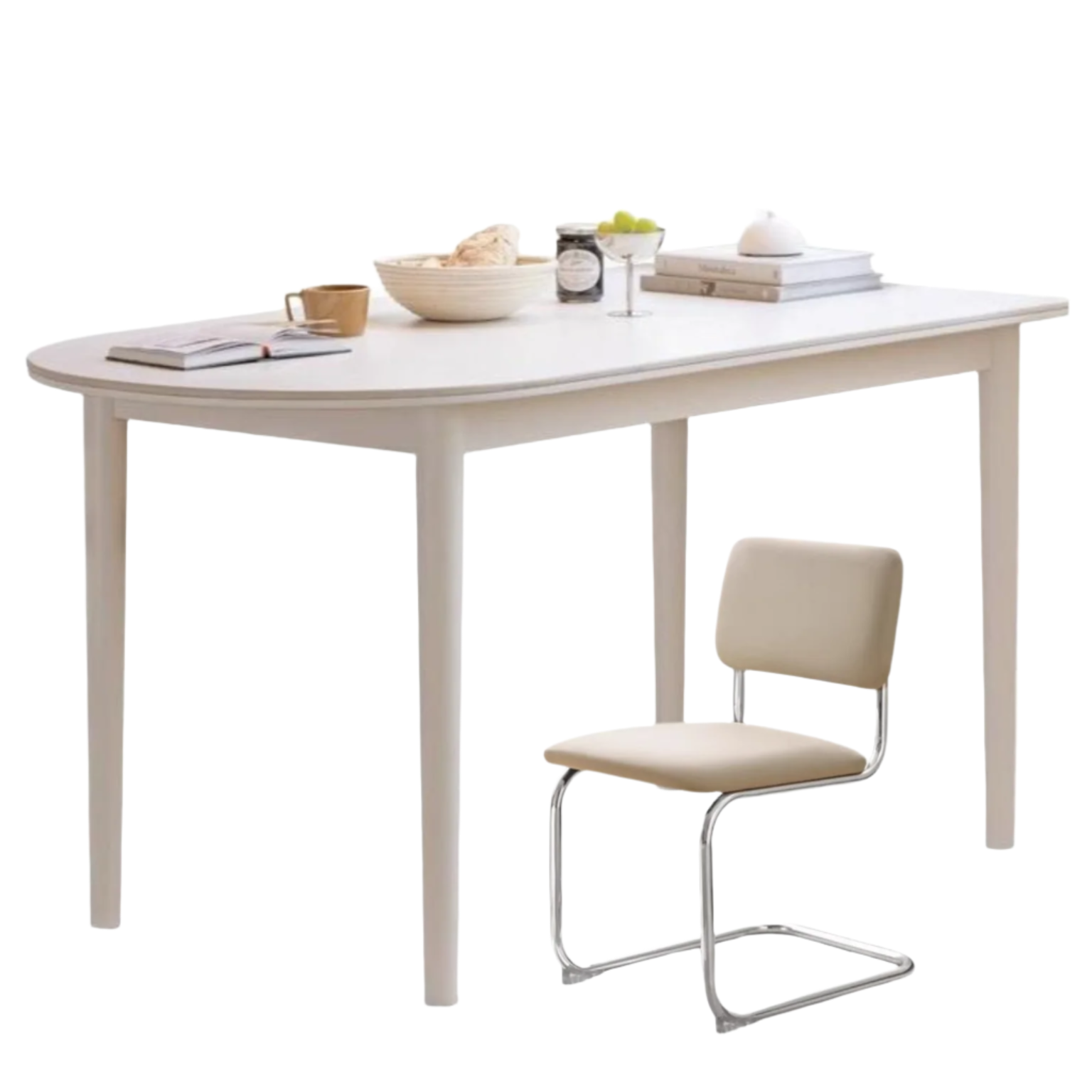Rubberwood Solid Cream Style Semi-Circular Rock Plate Dining Table