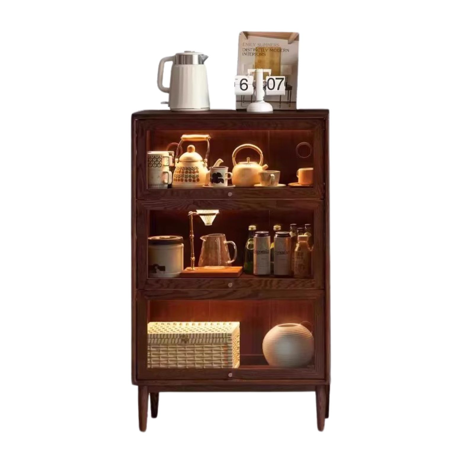 Black Walnut, Oak Solid Wood Glass Flip Door Bookcase, Side Cabinet