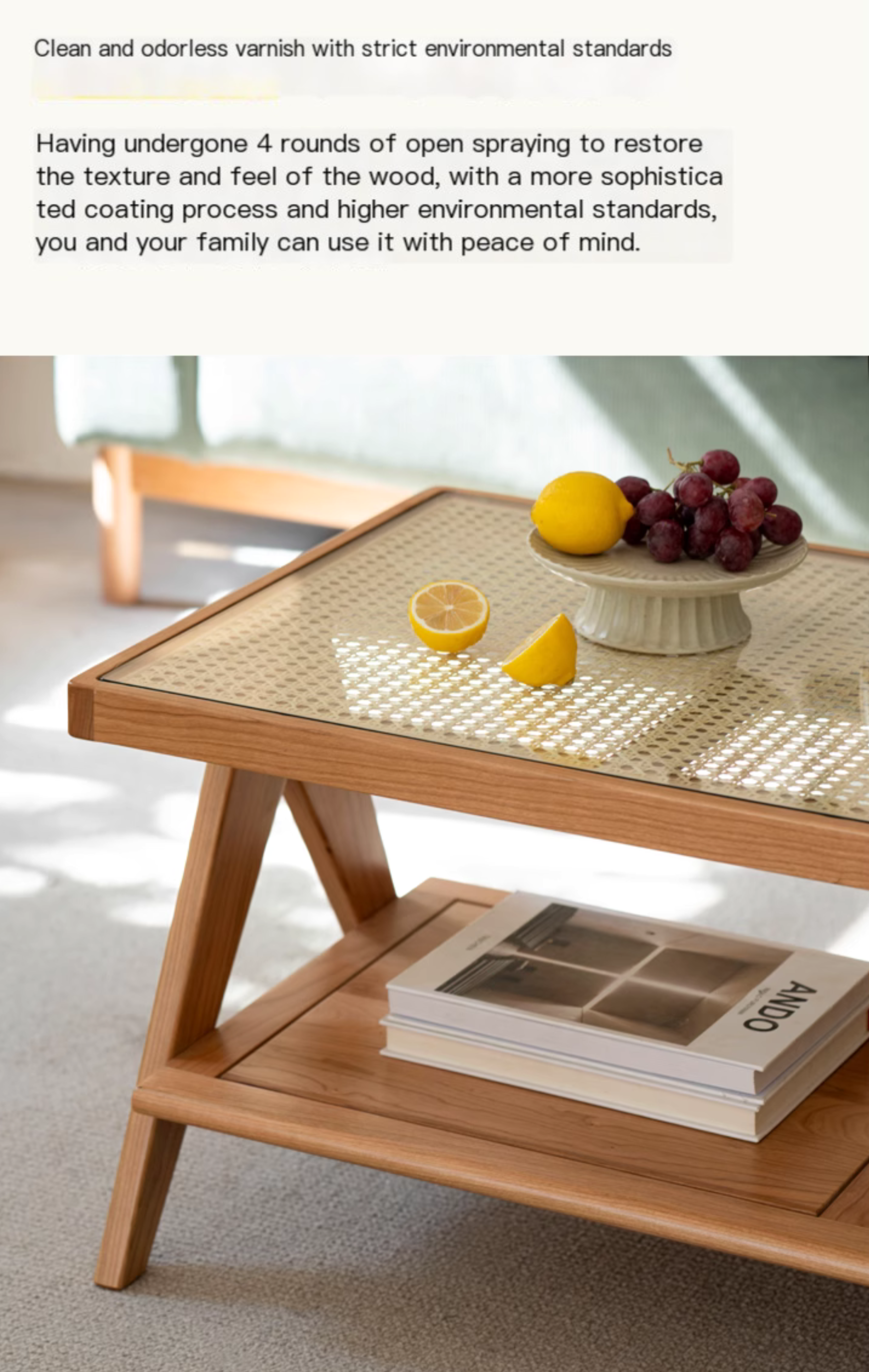 Cherry Solid Wood Modern Rattan Glass Tea Table