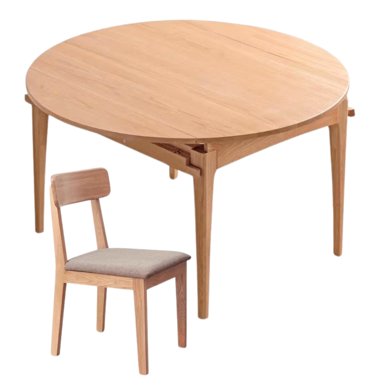 Oak, Solid Rubberwood Round Folding Dining Table With Rock Slab Surface
