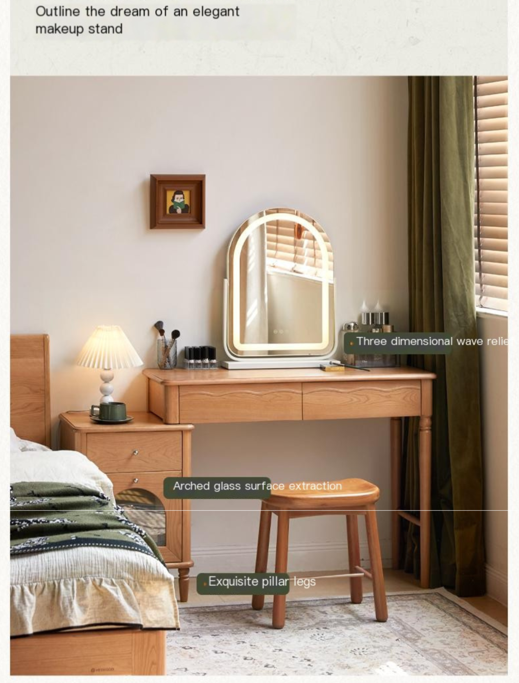 Cherry Solid Wood Medieval Style Retractable Dressing Table.