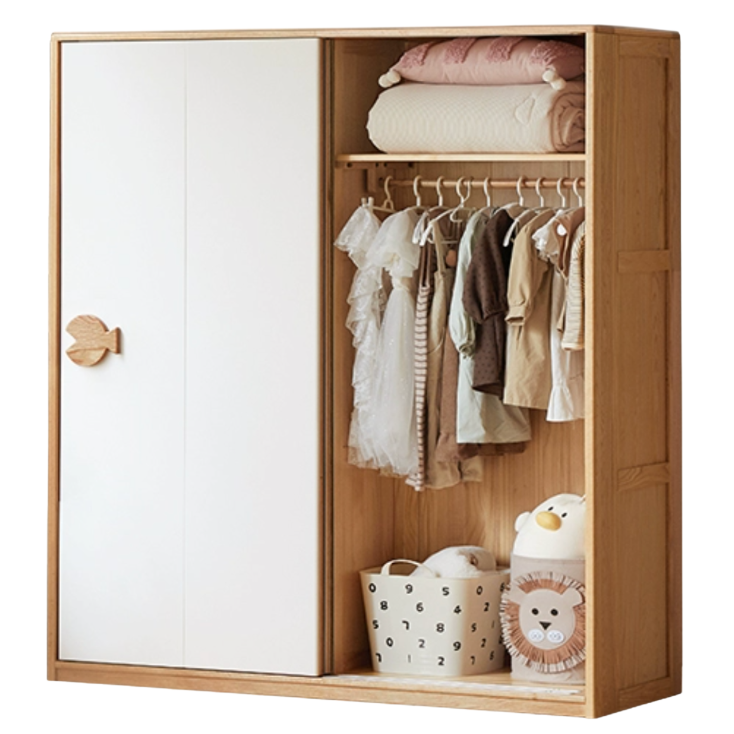 Oak Solid Wood Children's Sliding Door Wardrobe Storage Cabinet