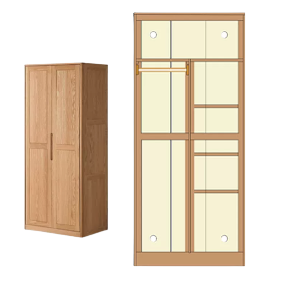Oak Solid Wood narrow Wardrobe with Framed Panel Doors and Adjustable Layout