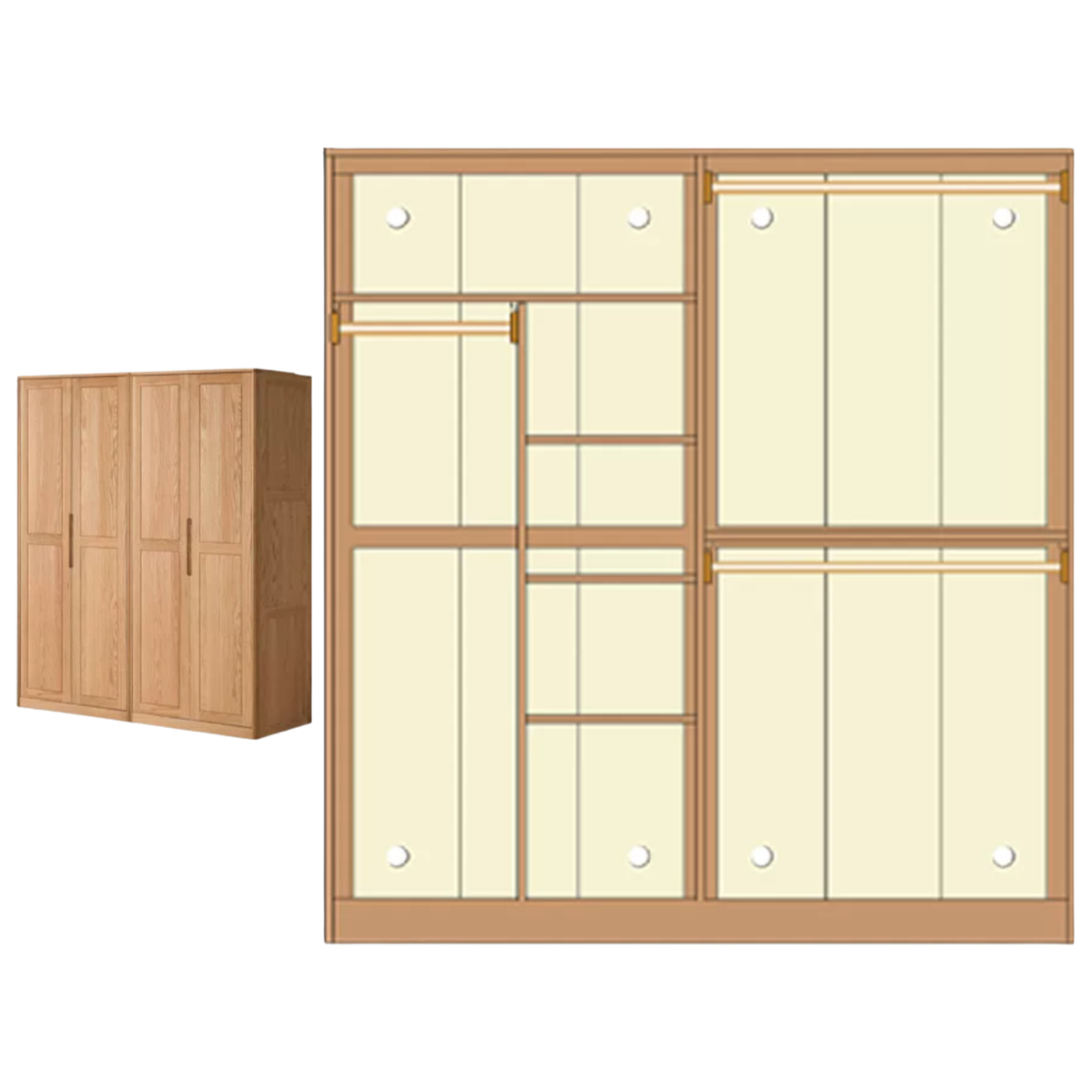 Oak solid wood Wardrobe with Flat Panel Doors and Groove Handles