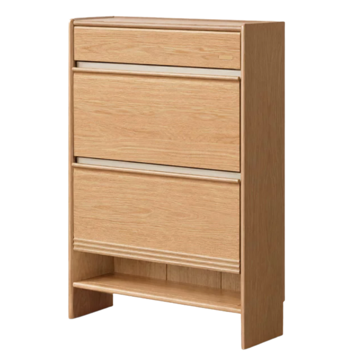 Oak Solid Wood Modern Shoe Cabinet with Flip Drawers and Open Shelf