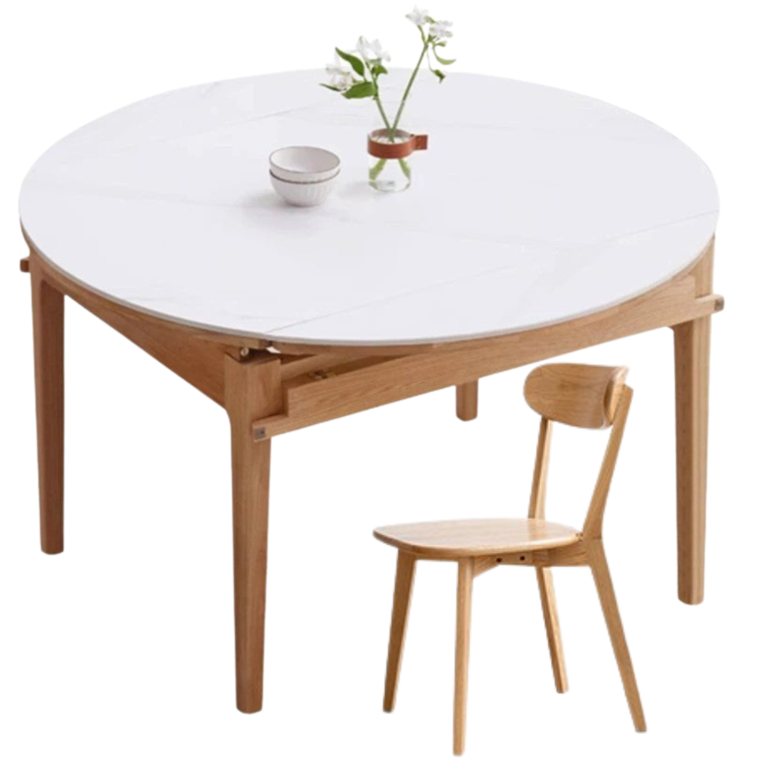 Solid Rubberwood, Oak Solid Wood Folding Round Retractable Dining Table