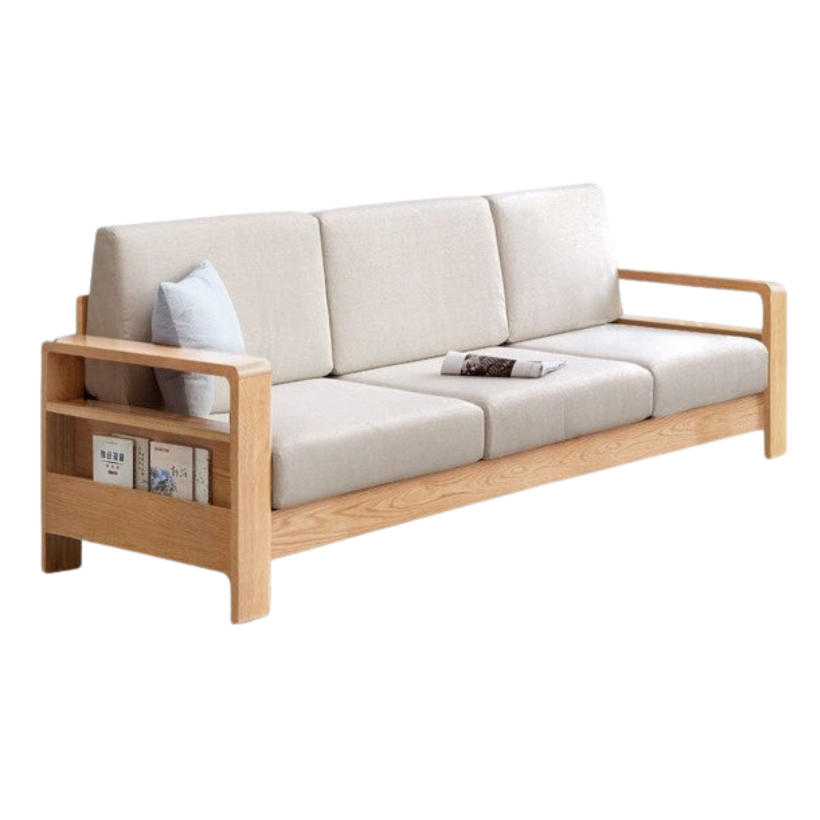 Solid Rubberwood, Oak Solid Wood Cotton Fabric Sofa