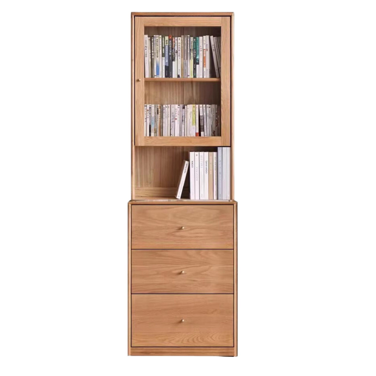 Oak Solid Wood Floor-To-Ceiling Combination Bookshelf, Glass Bookcase