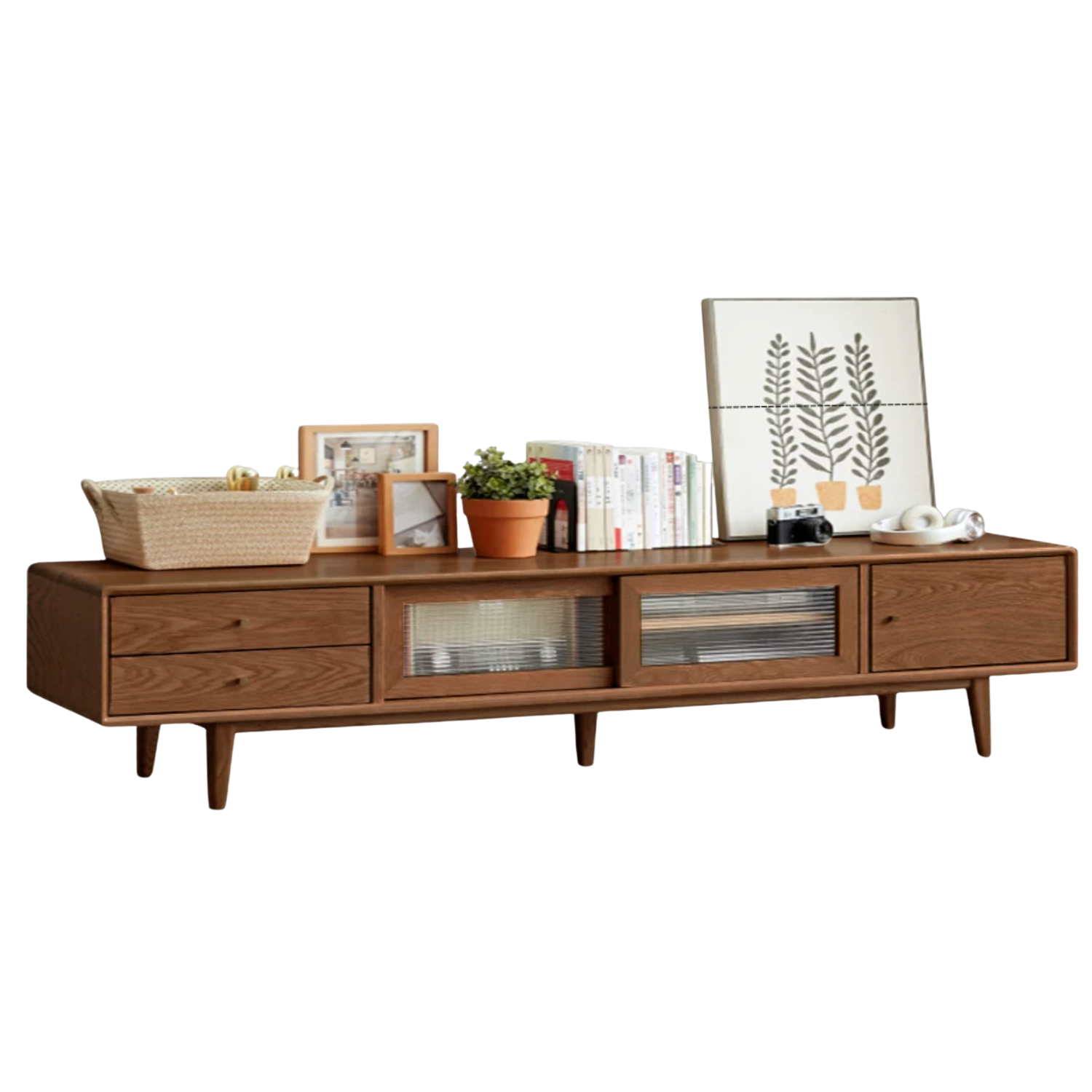 Ash, Oak Solid Wood TV Stand with Fluted Sliding Doors and Drawers