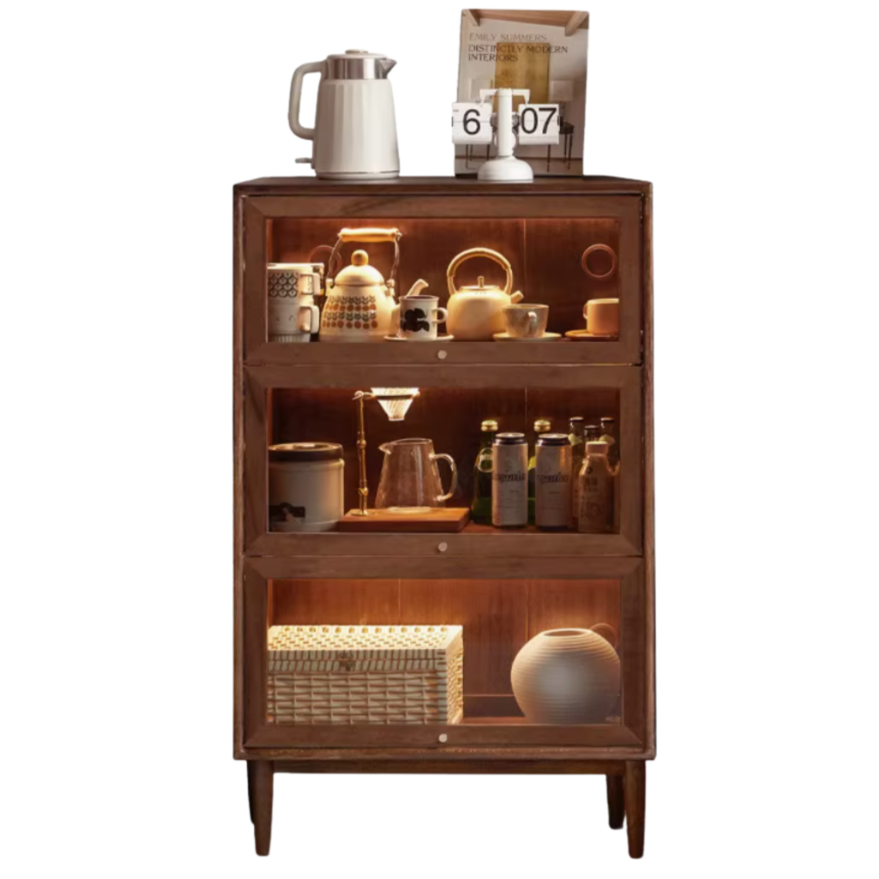 Solid Rubberwood, Black Walnut, Oak Solid Wood Glass Flip Door Bookcase