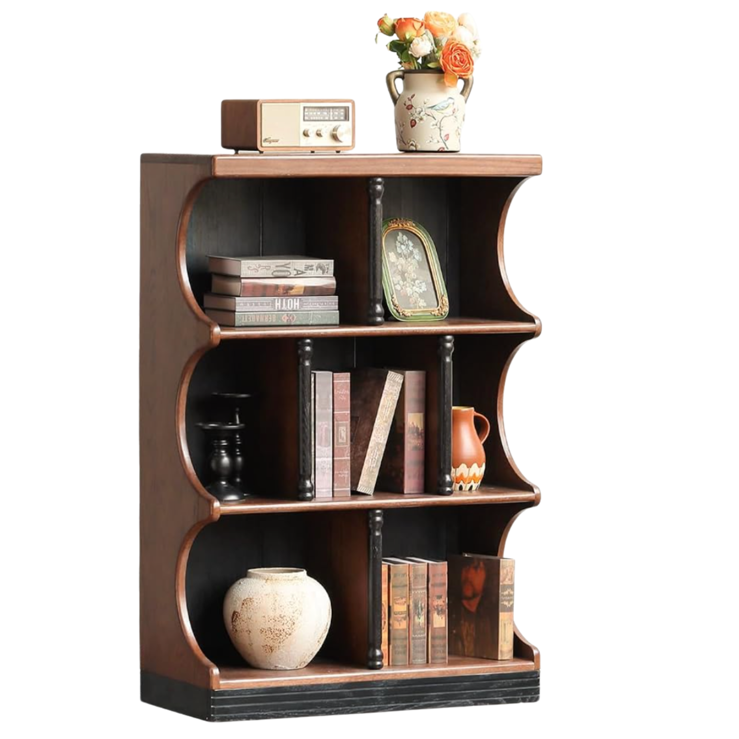 Oak solid wood Open Shelf Bookcase with Curved Scalloped Side Panels