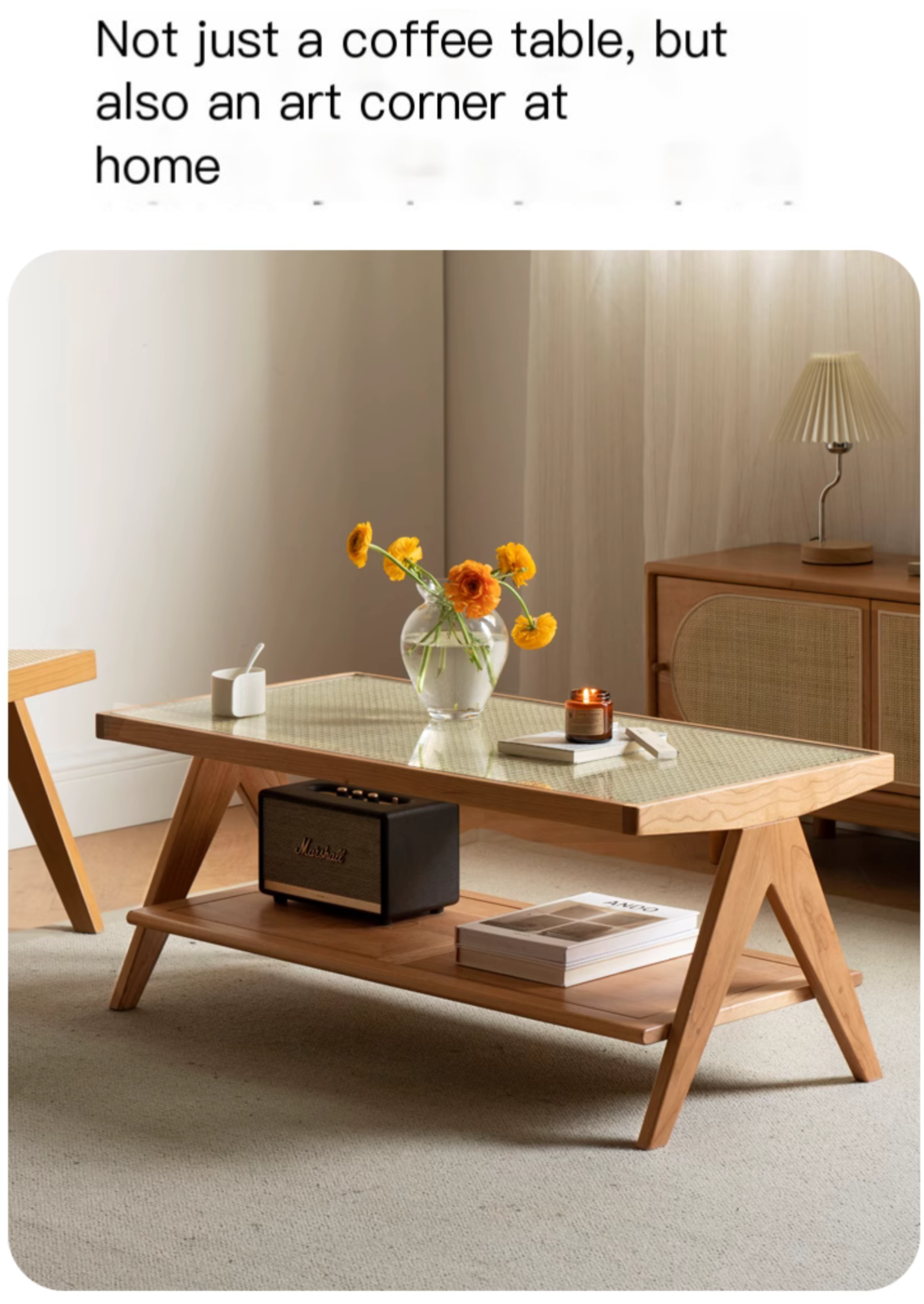 Cherry Solid Wood Modern Rattan Glass Tea Table
