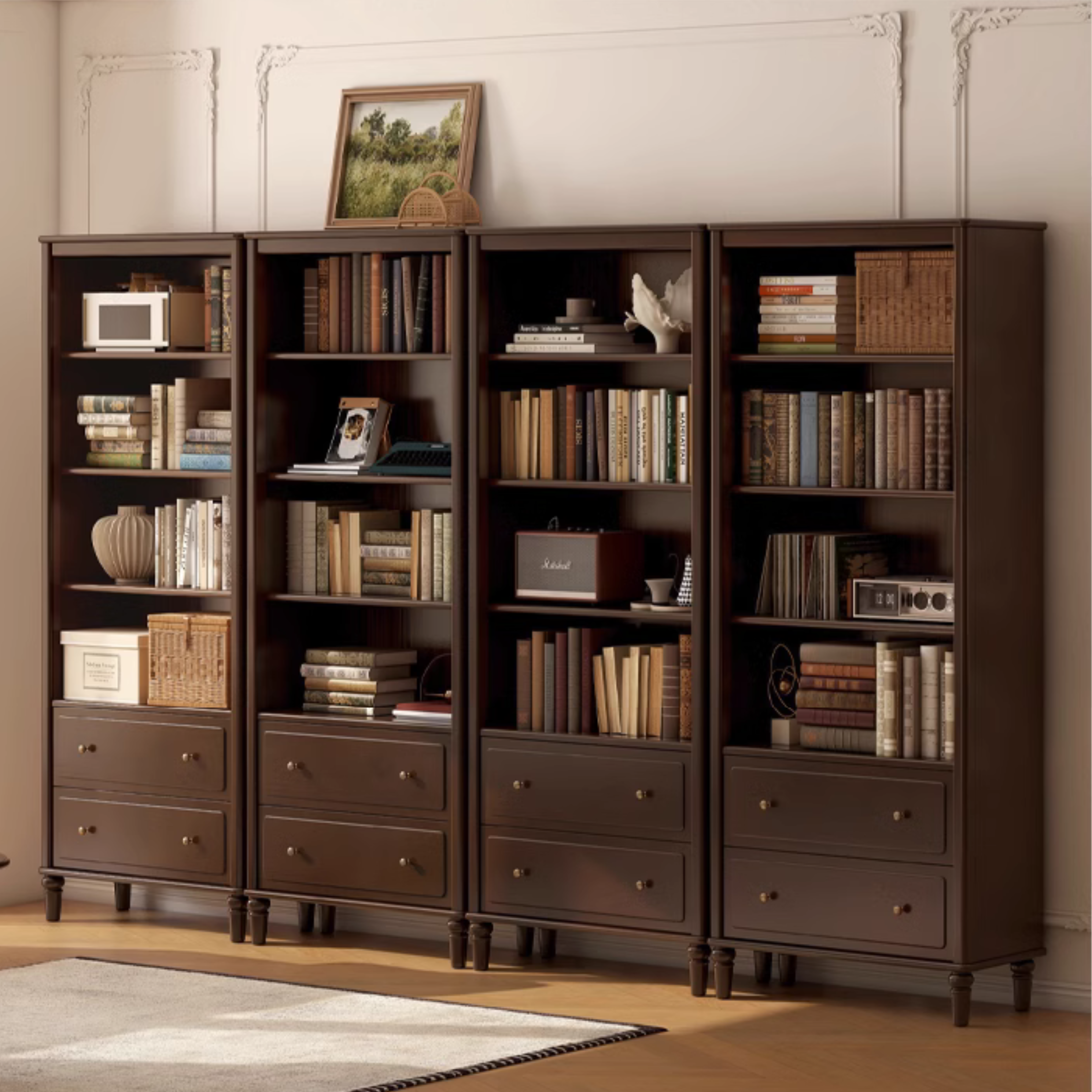 Poplar, Black Walnut Solid Wood American Retro Bookcase.