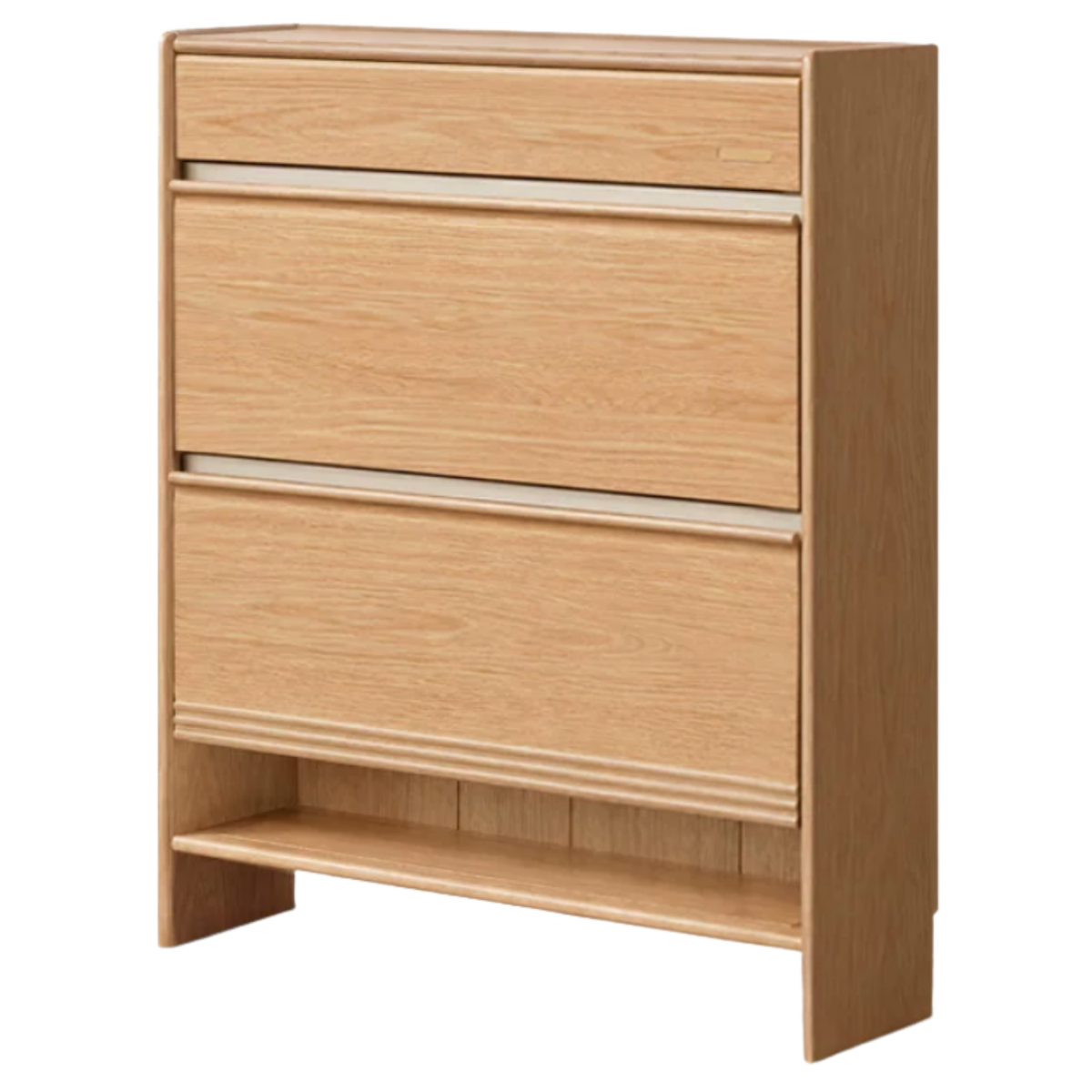 Oak Solid Wood Modern Shoe Cabinet with Flip Drawers and Open Shelf