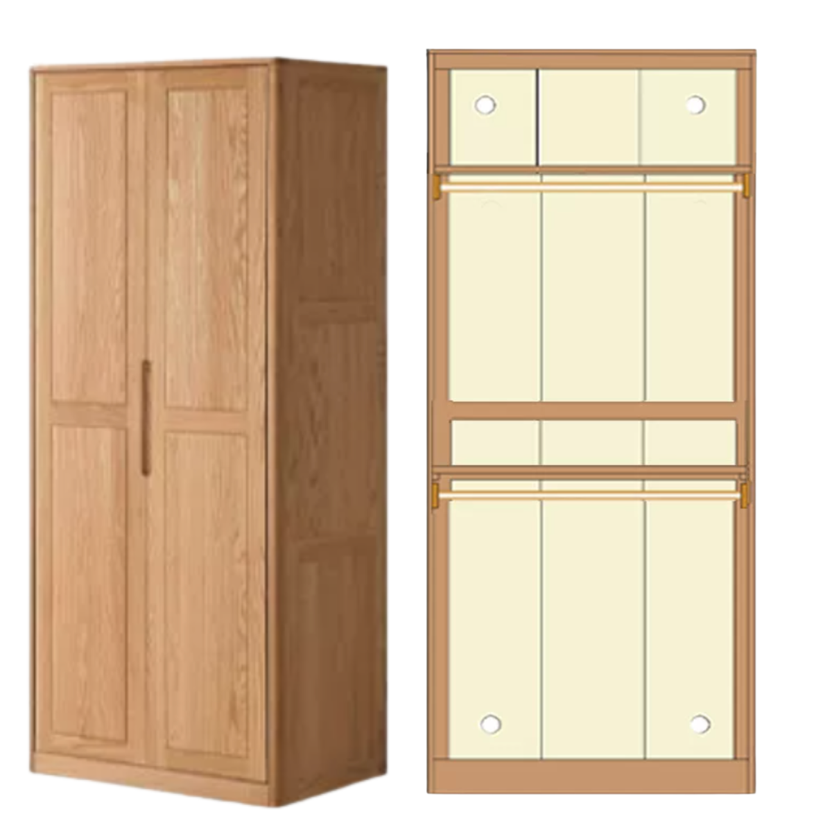 Oak solid wood Wardrobe with Flat Panel Doors and Groove Handles