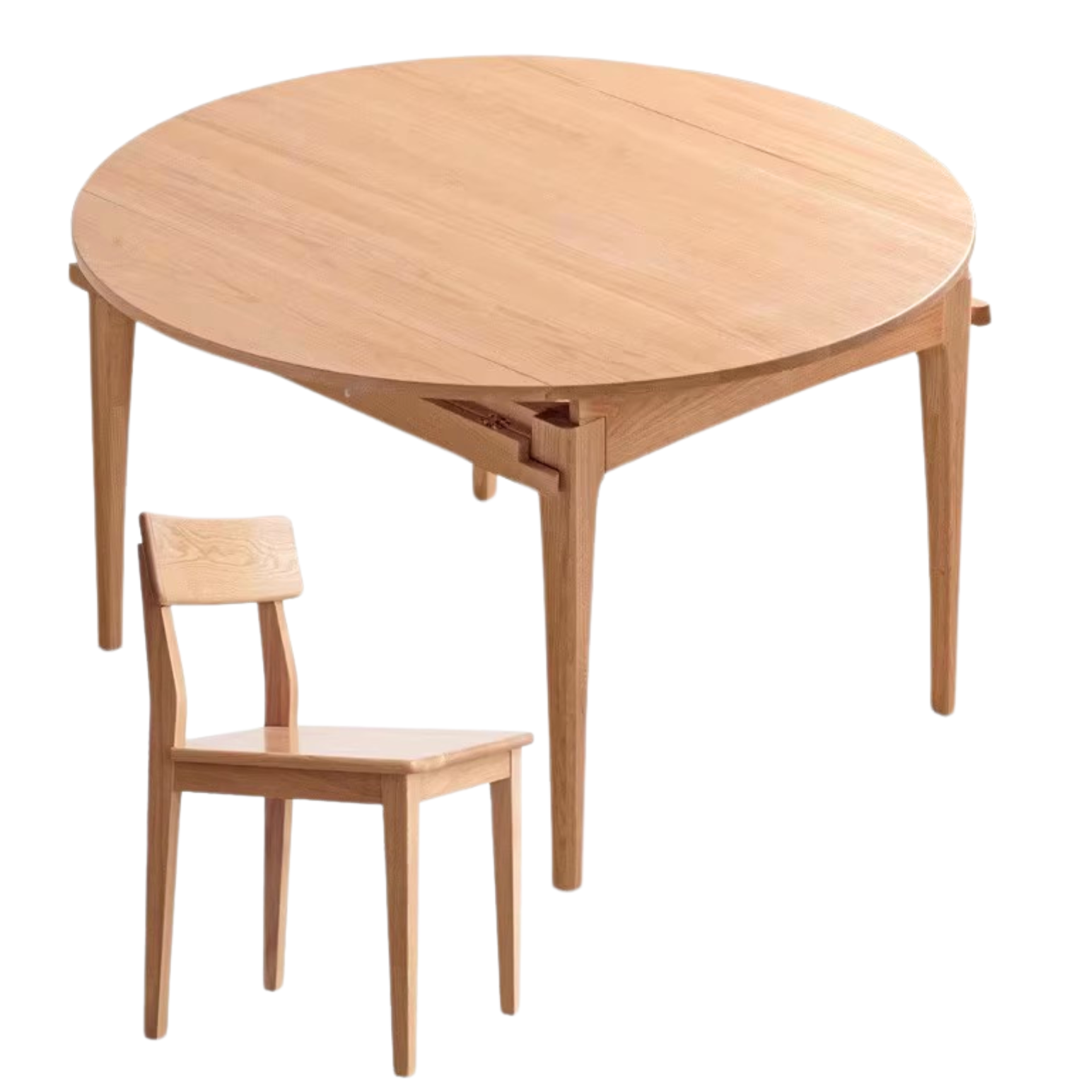 Oak, Solid Rubberwood Round Folding Dining Table With Rock Slab Surface