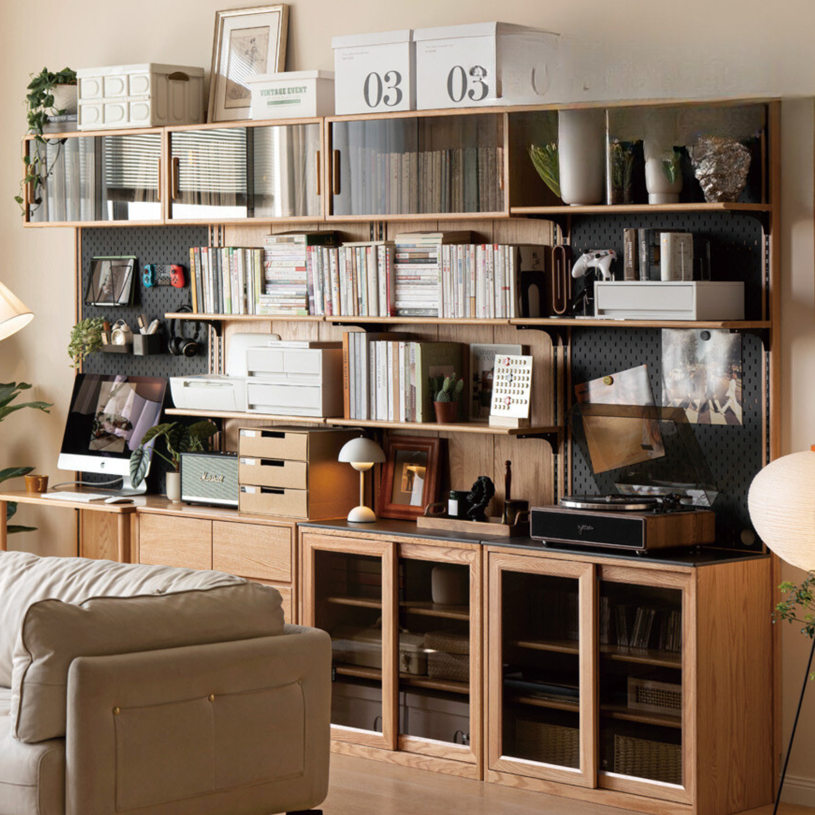 Oak Solid Wood Wall Hanging System, Storage Rack Combination