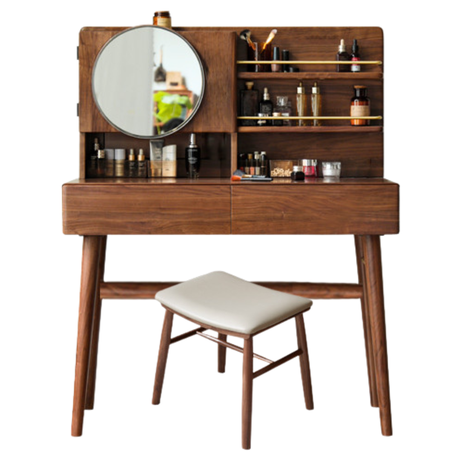 Black Walnut, Sandalwood Solid Wood Moon Makeup Mirror Vanity Table.