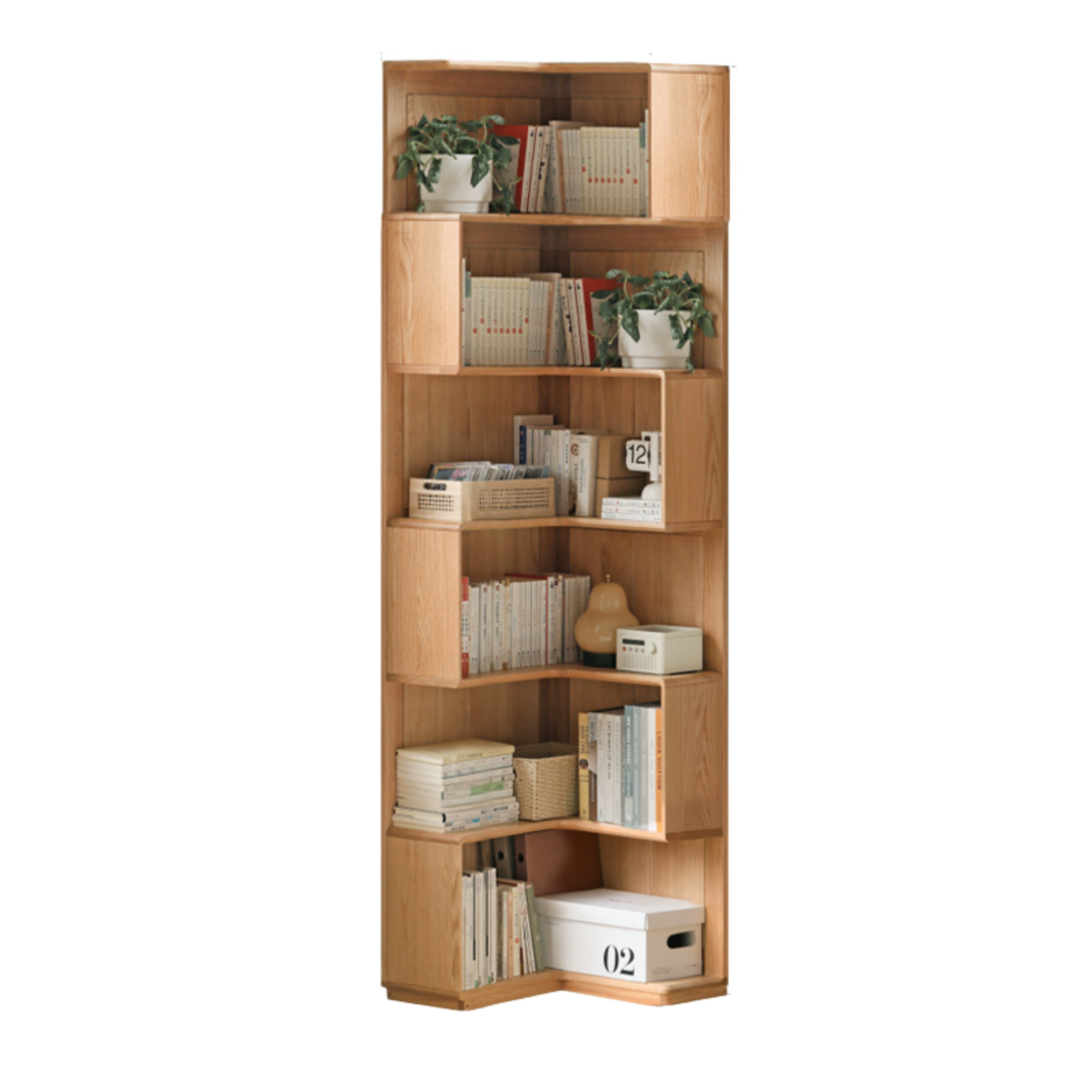 Oak Solid Wood Corner Bookshelf with Floor-Standing Storage Cabinet