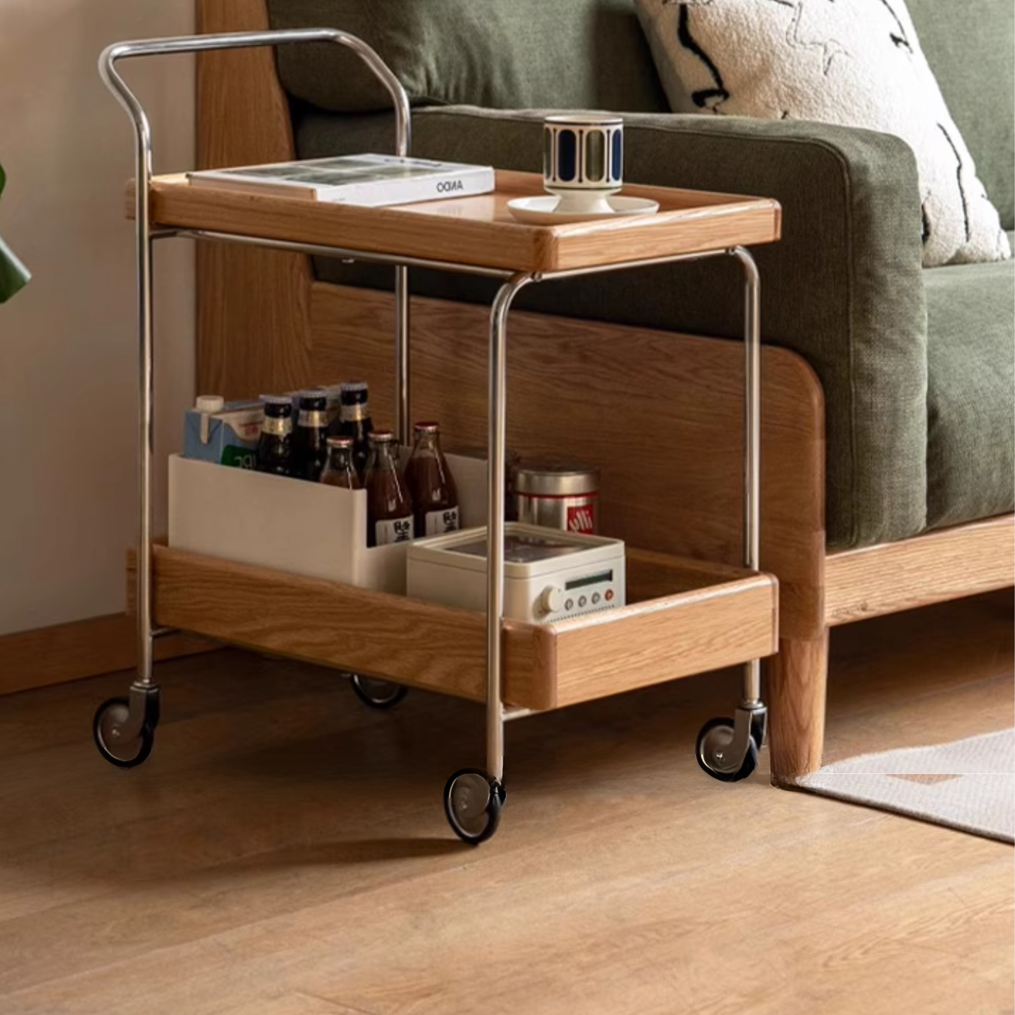 Oak, Poplar, Cherry Solid Wood Double Layer Mobile Side Table