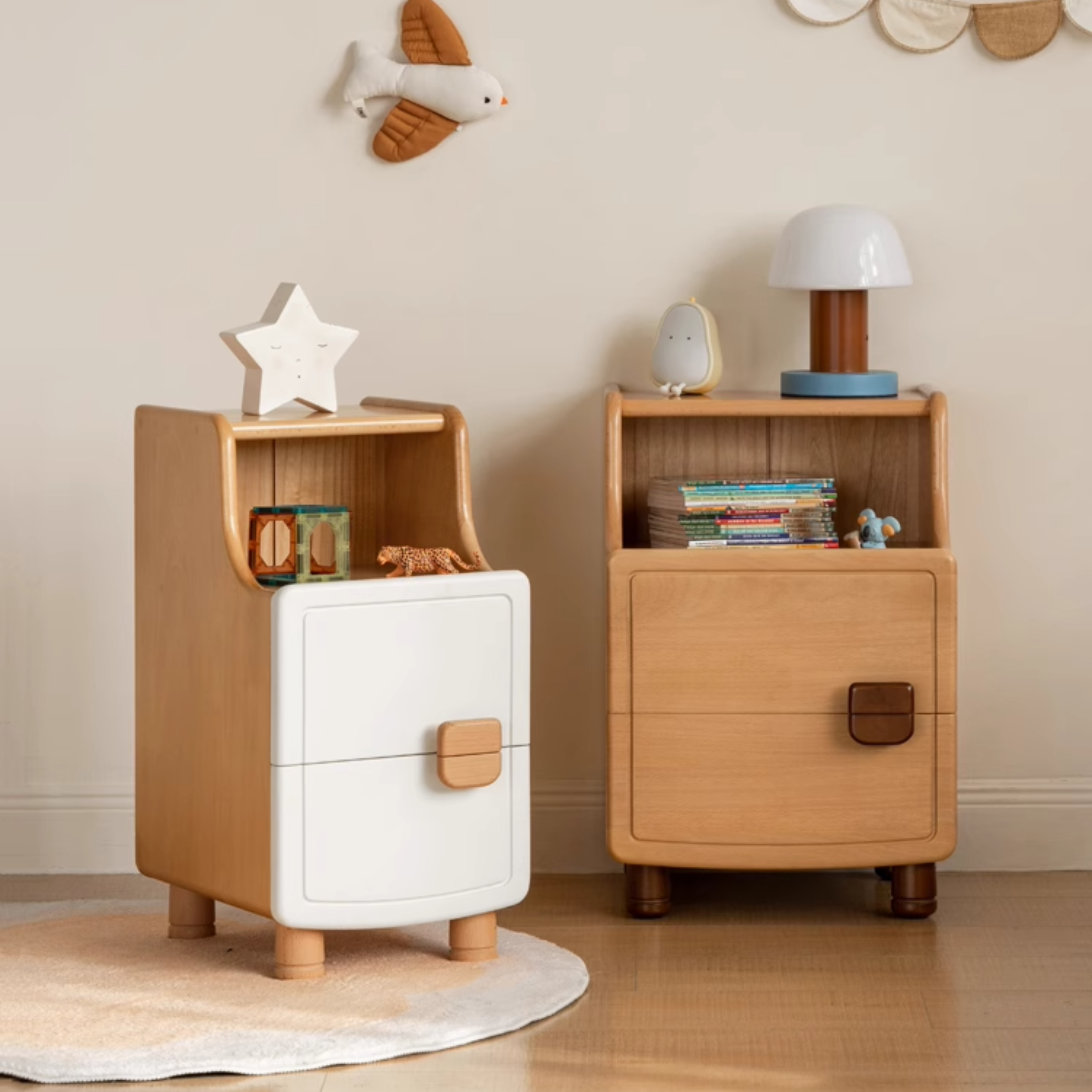 Beech Solid Wood Modern Kids Nightstand.