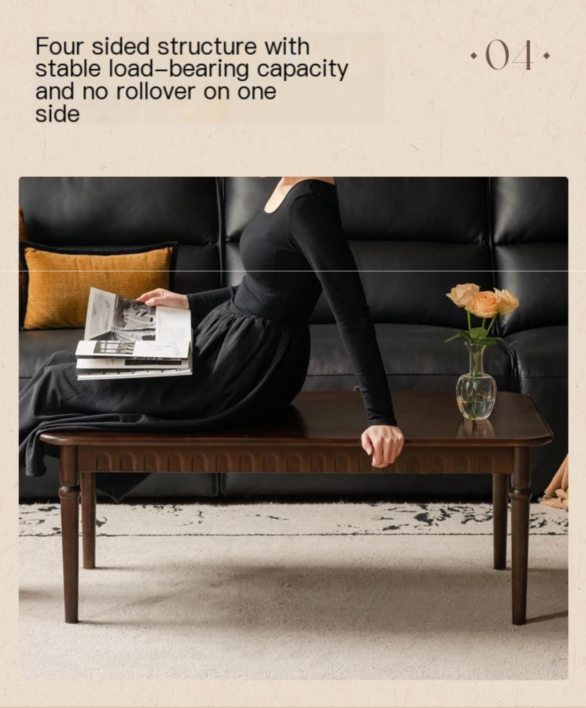 Poplar Solid Wood French Retro Rectangular Coffee Table.