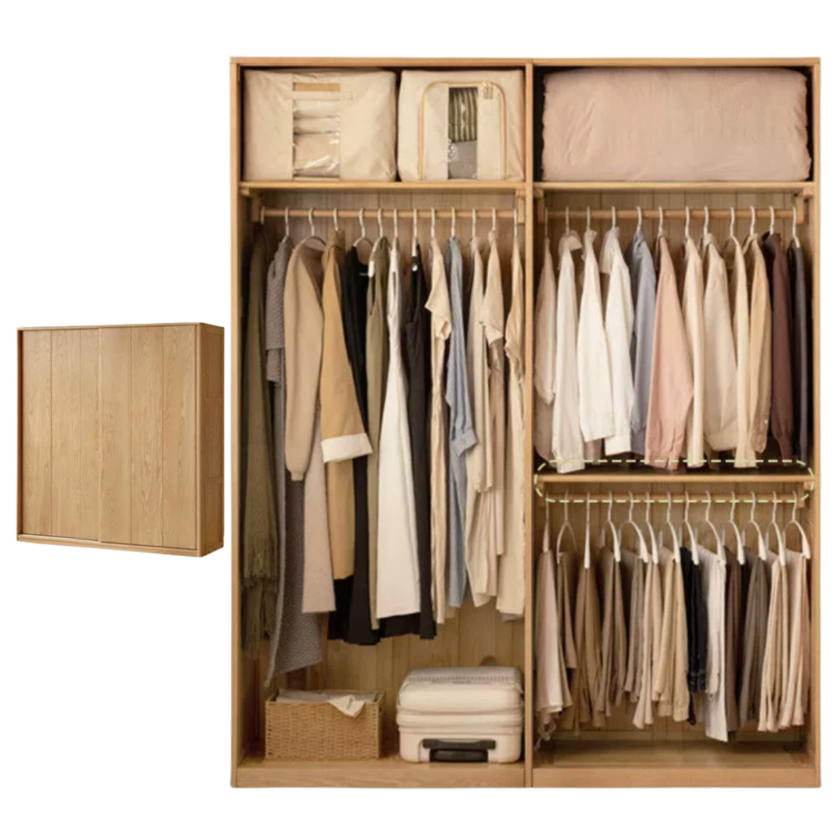 Ash Solid Wood Sliding Door Wardrobe with Built-In Shelves and Drawers