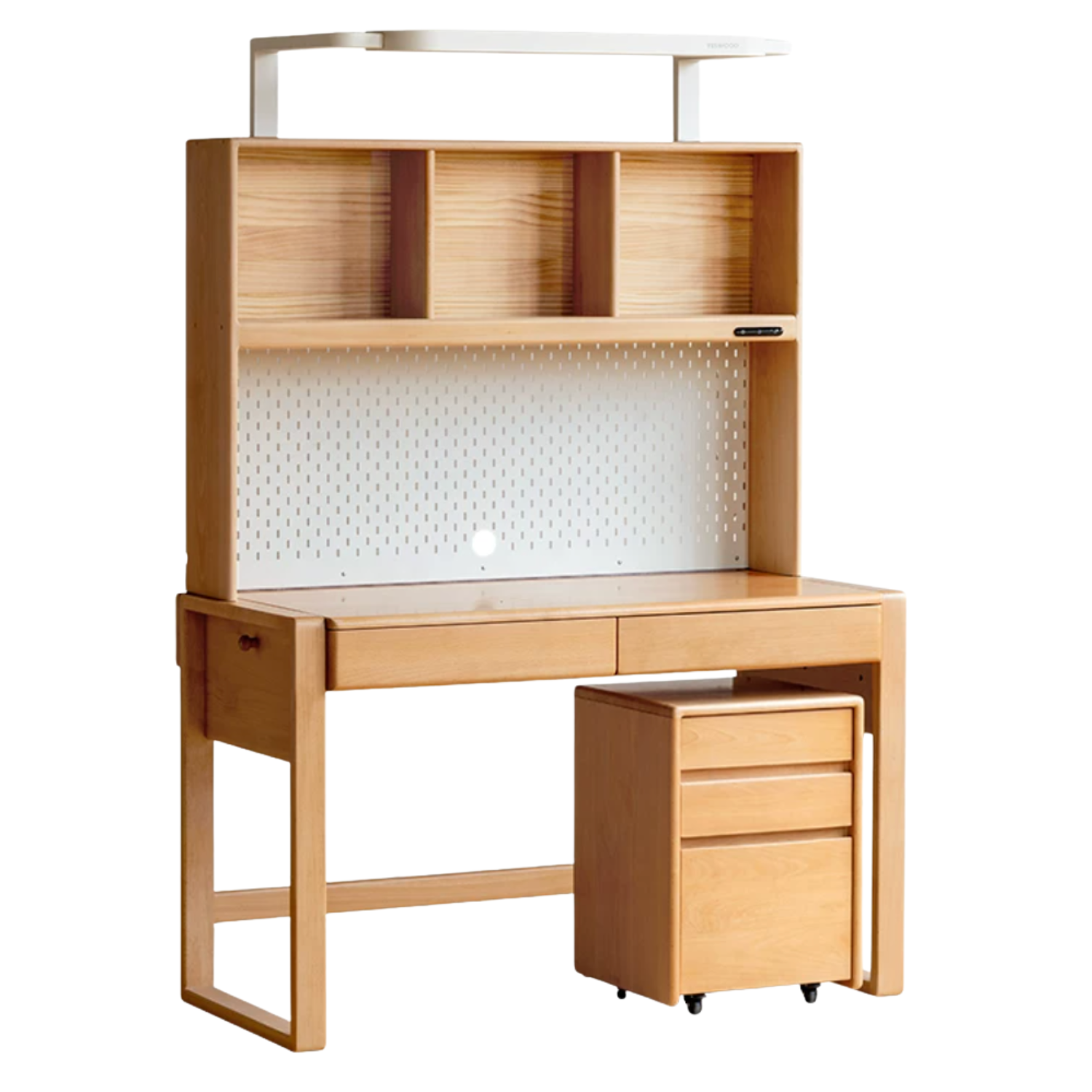 Beech, Solid Rubberwood Adjustable Height Children's Study Desk With Integrated Bookshelf