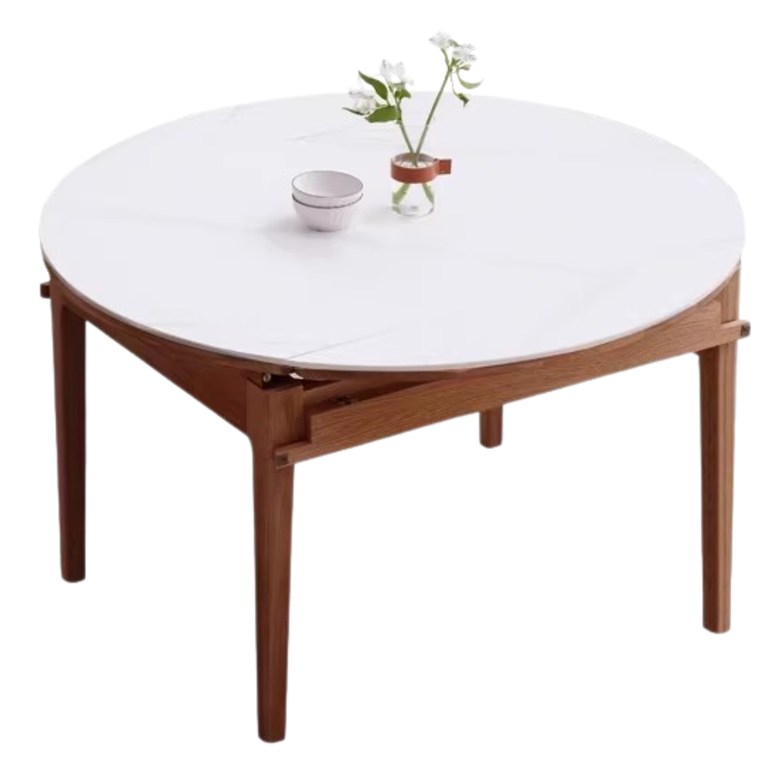 Oak, Solid Rubberwood Round Folding Dining Table With Rock Slab Surface