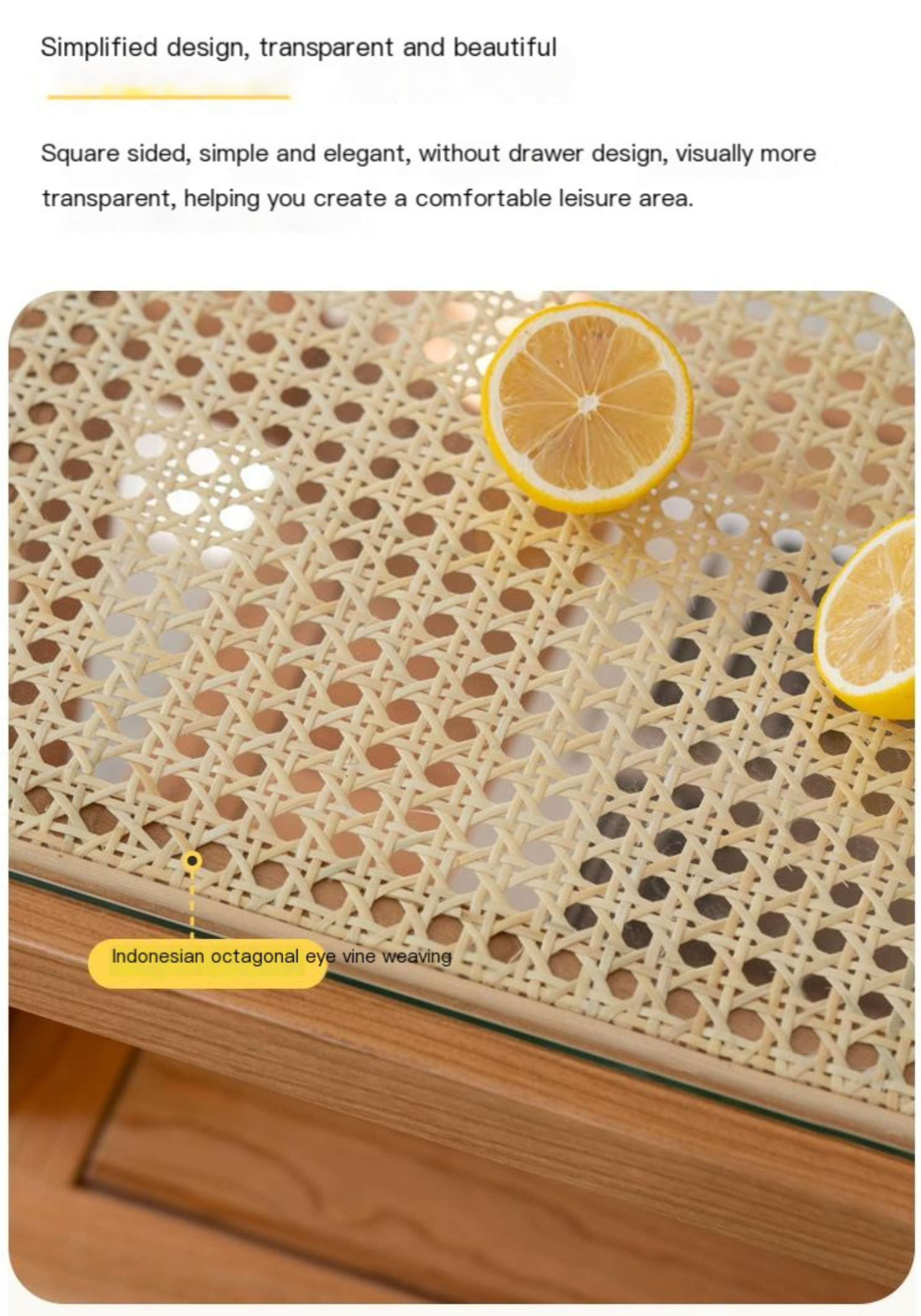 Cherry Solid Wood Modern Rattan Glass Tea Table