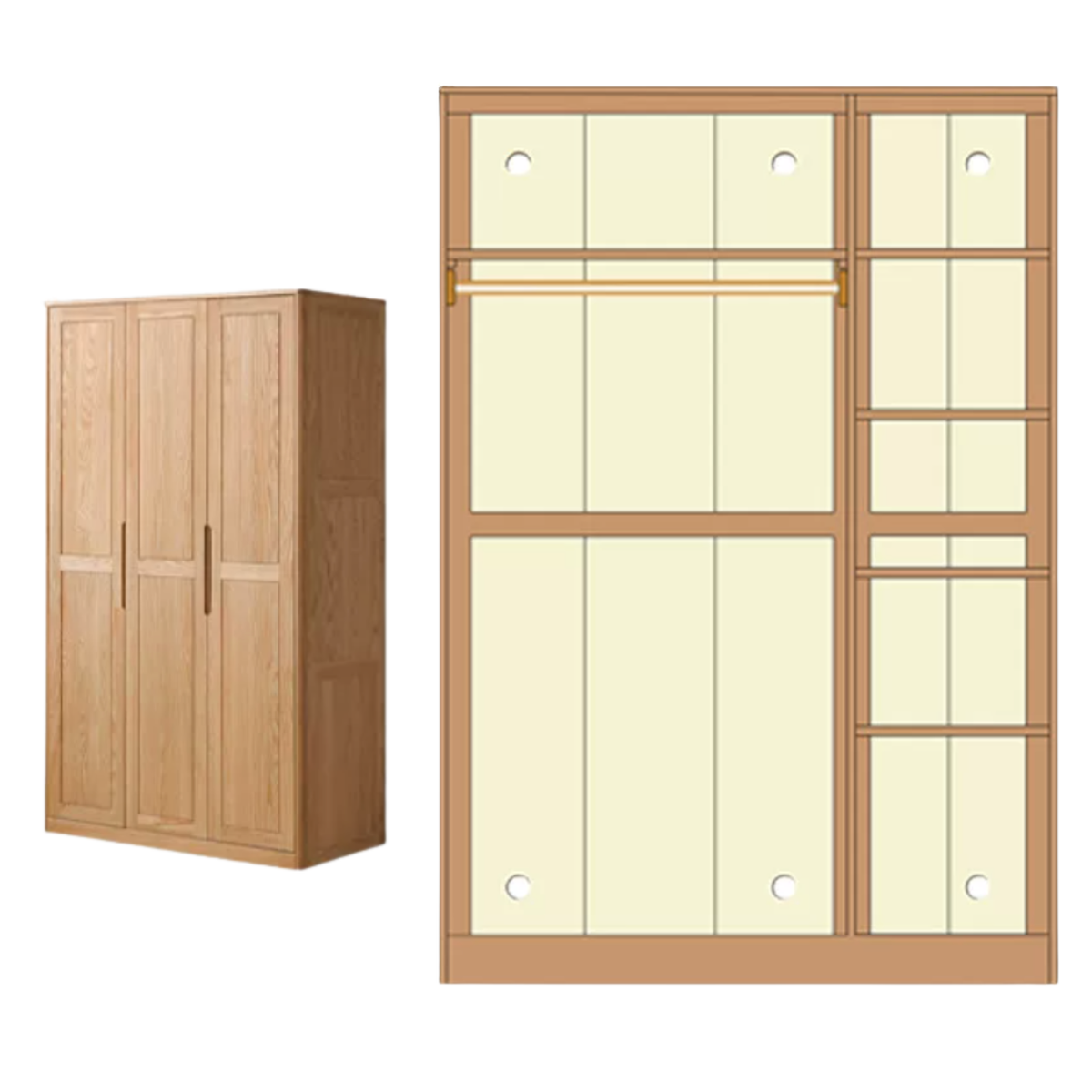 Oak Solid Wood narrow Wardrobe with Framed Panel Doors and Adjustable Layout