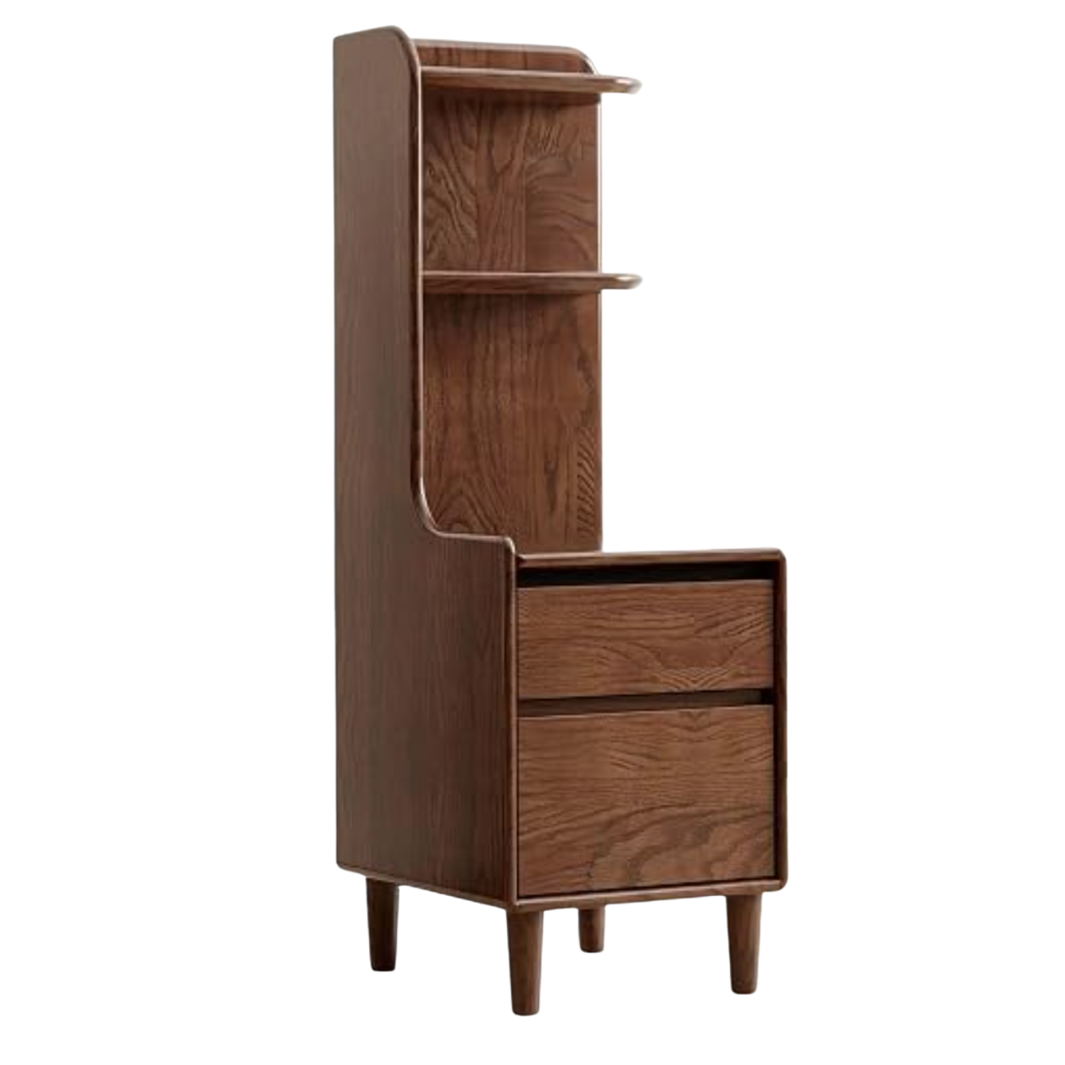 Oak Solid Wood Tall Nightstand with Curved Corner Shelf and Two Drawers