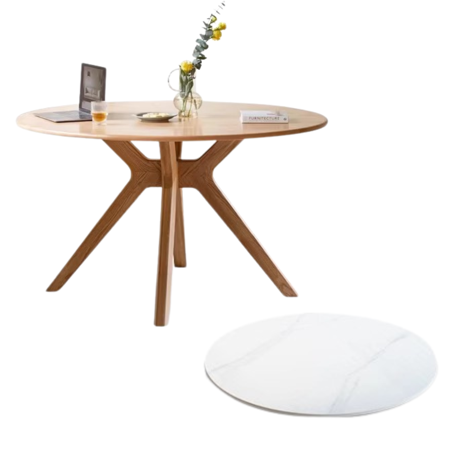 Oak Solid Wood Round Nordic Dining Table With Rock Slab Surface
