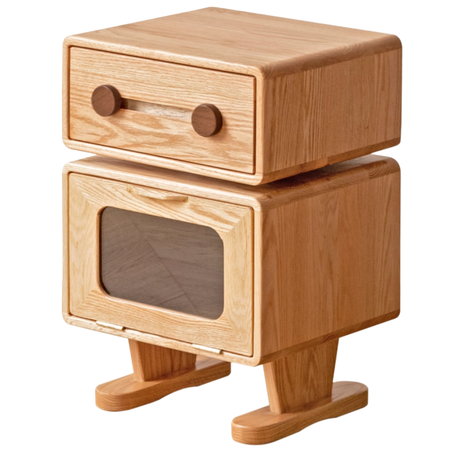 Solid Rubberwood, Oak Solid Wood Cream Style Nightstand.