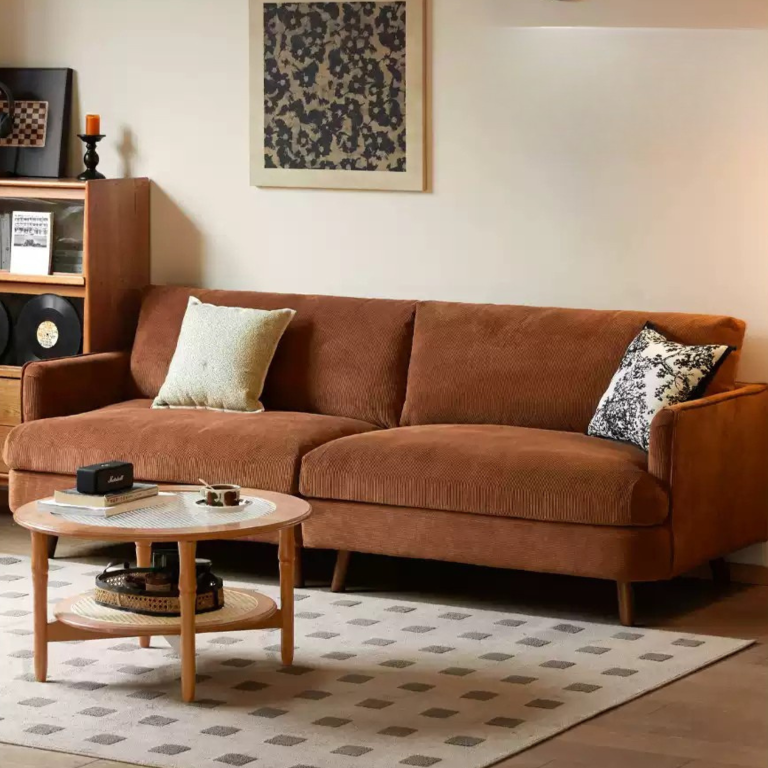 Fabric Three-seat Straight Sofa.